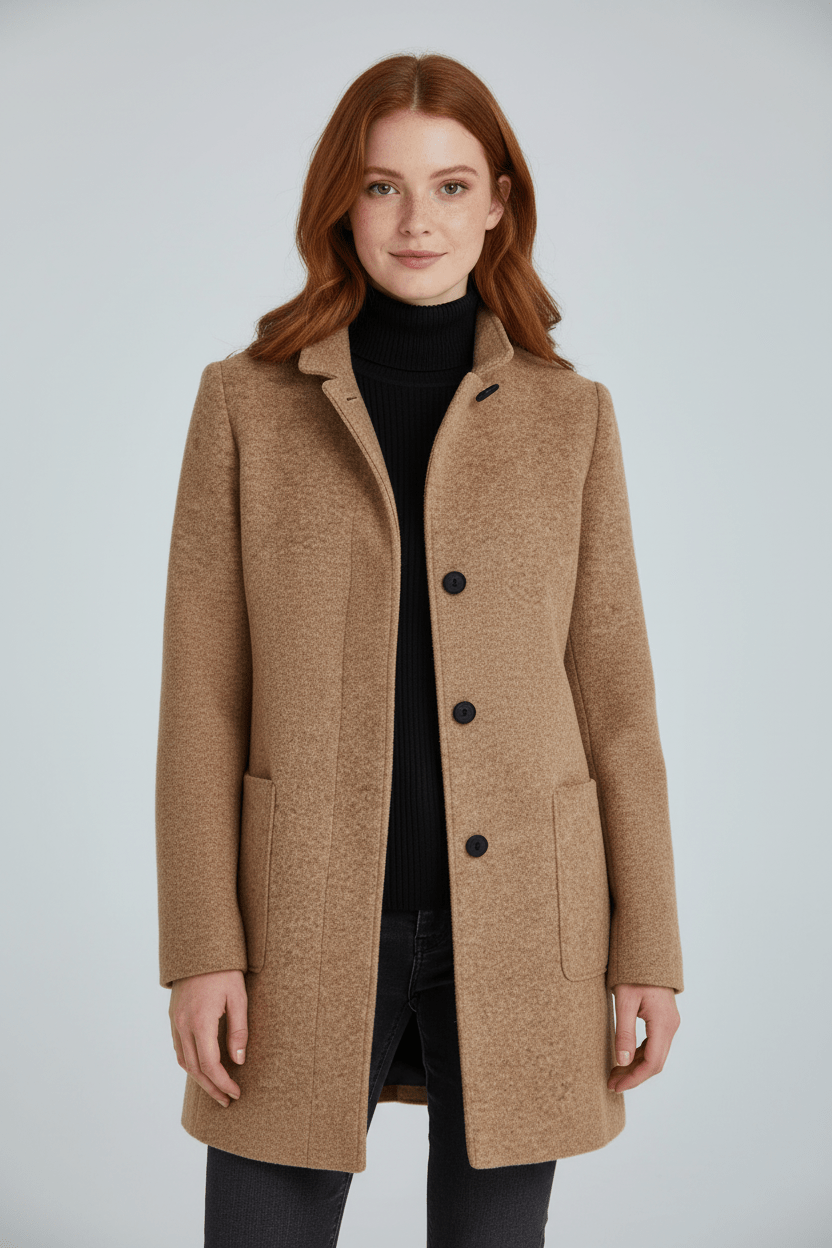 Donna cappotto da ufficio in misto lana, taglio aderente, caldo, elegante, senza tempo