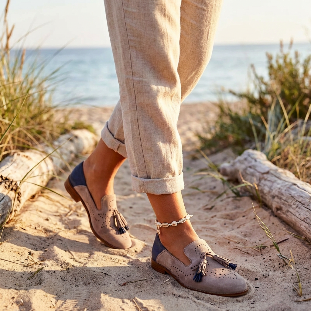 Mocassins pour Femme avec Borlas Décoratives et Détails Perforés en Suédine