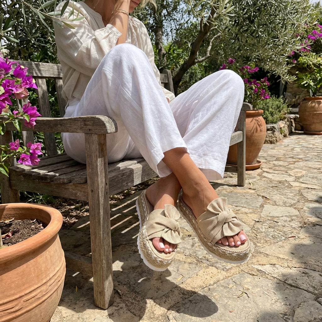 Mules à Plateforme avec Noeud Décoratif et Bout Ouvert pour Femme