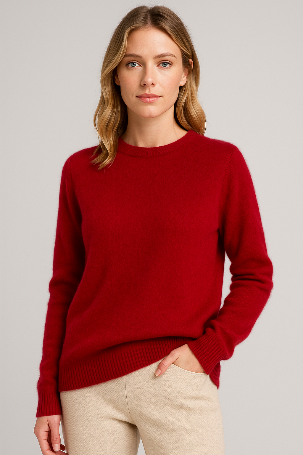 Suéter feminino para o dia a dia, cashmere puro, gola redonda, modelagem ampla, barras caneladas, confortável