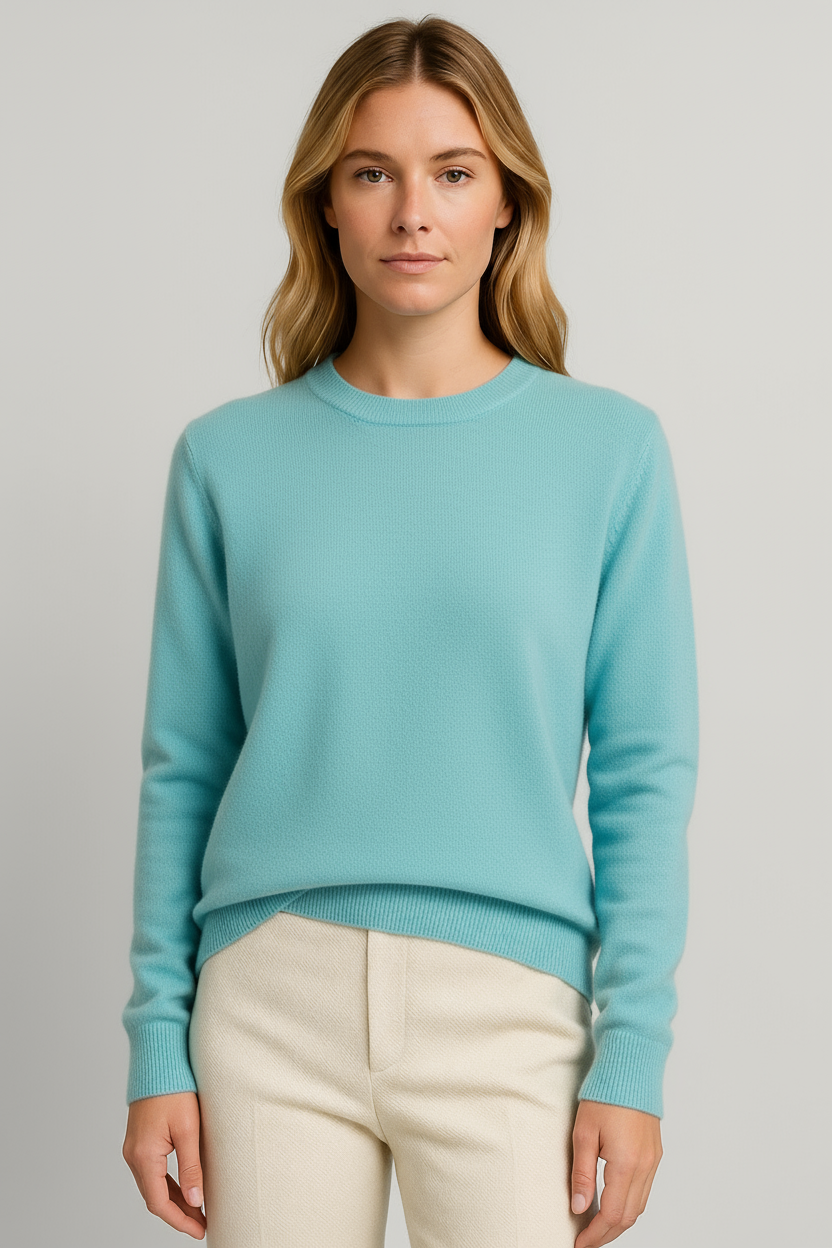 Suéter feminino para o dia a dia, cashmere puro, gola redonda, modelagem ampla, barras caneladas, confortável