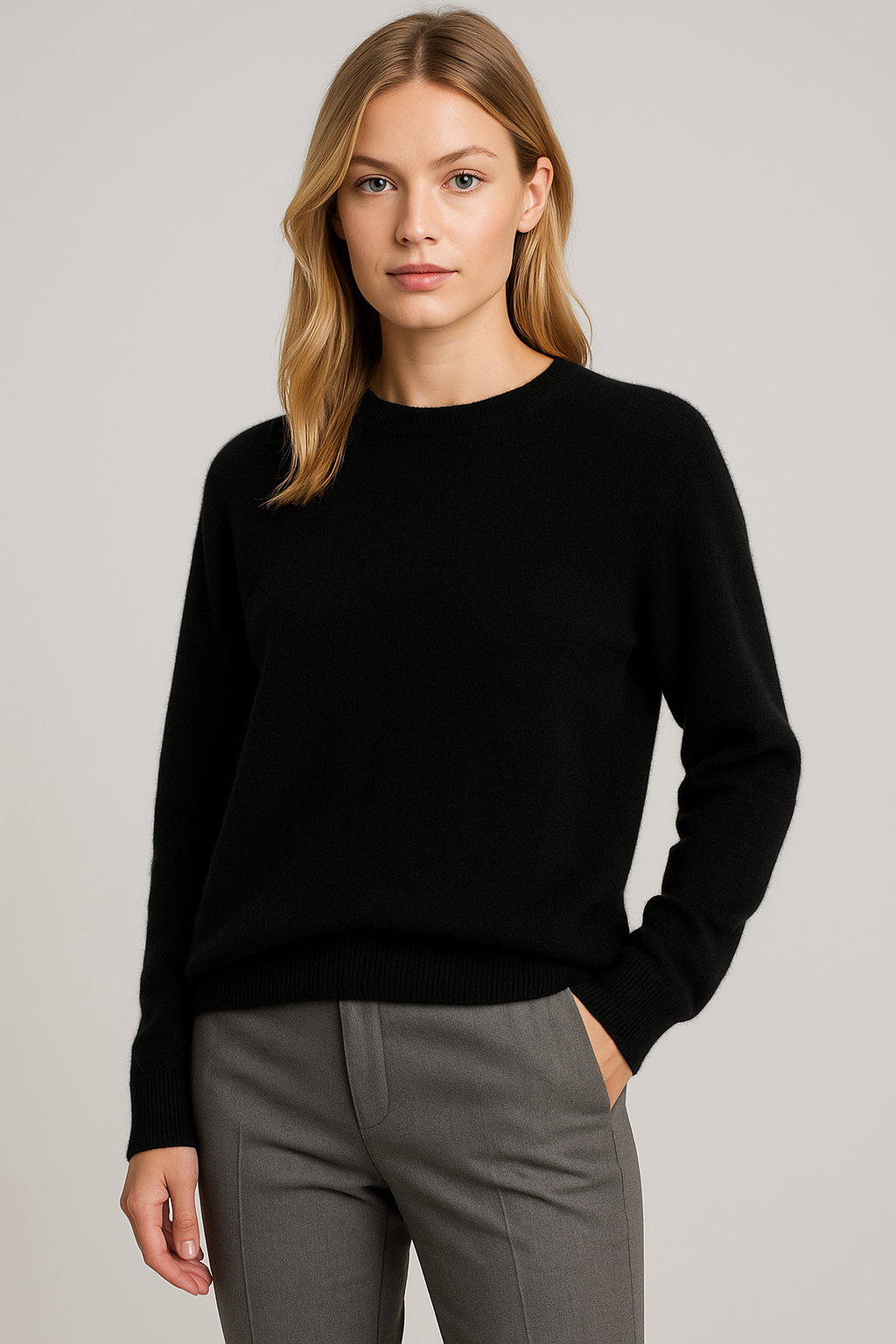 Suéter feminino para o dia a dia, cashmere puro, gola redonda, modelagem ampla, barras caneladas, confortável