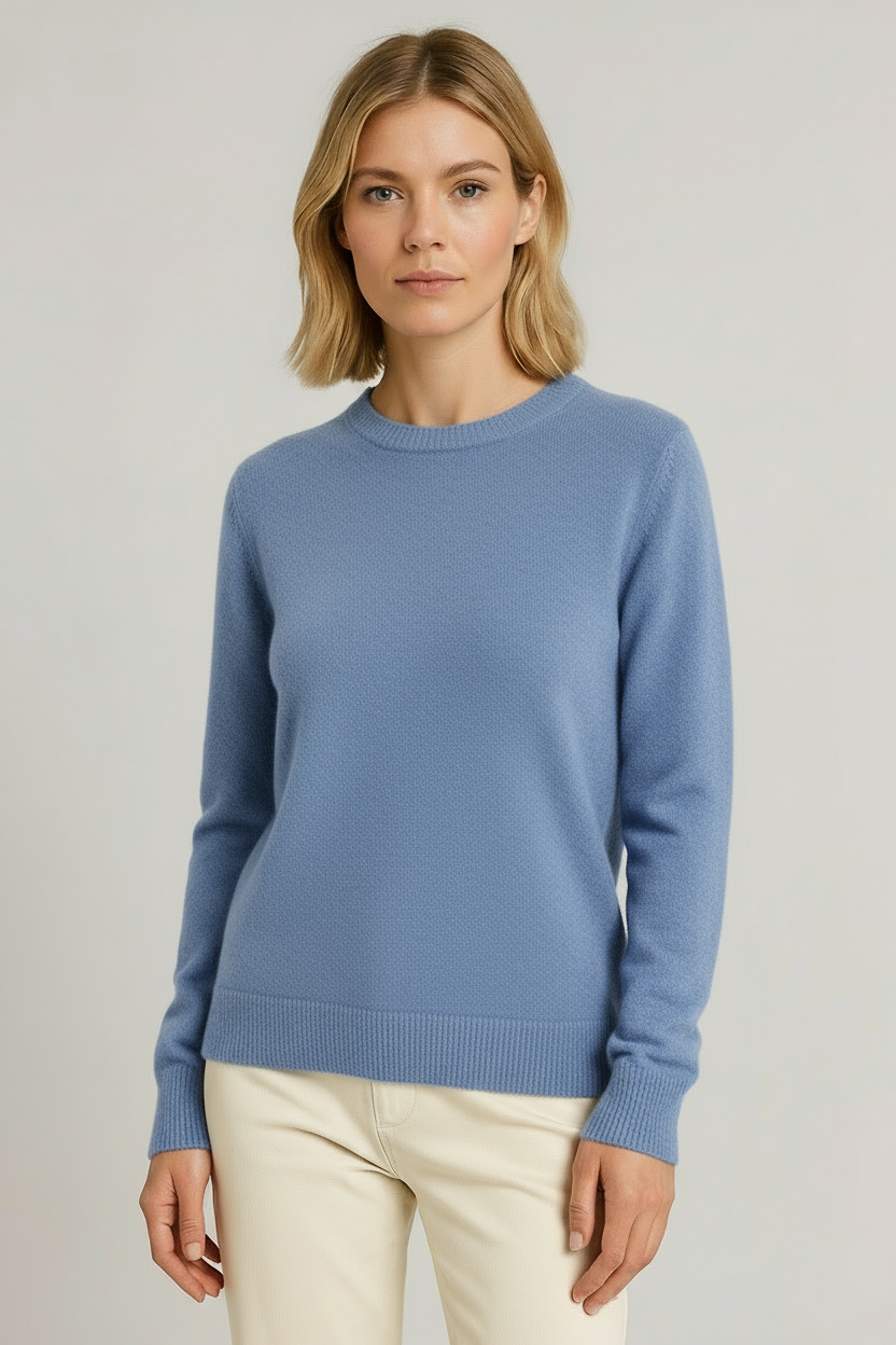 Suéter feminino para o dia a dia, cashmere puro, gola redonda, modelagem ampla, barras caneladas, confortável