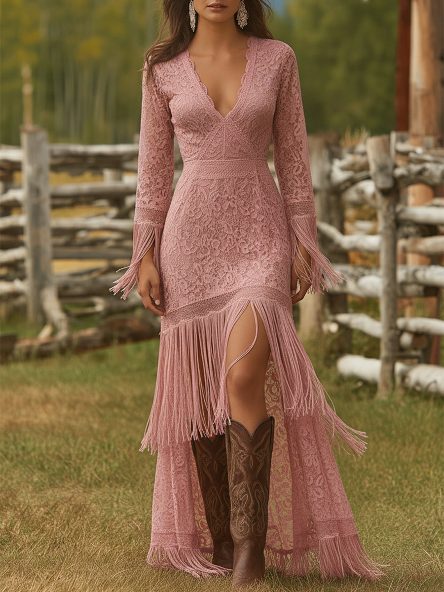 Robe Longue de Mariée Bohème avec Dentelle et Finitions à Franges pour Femme