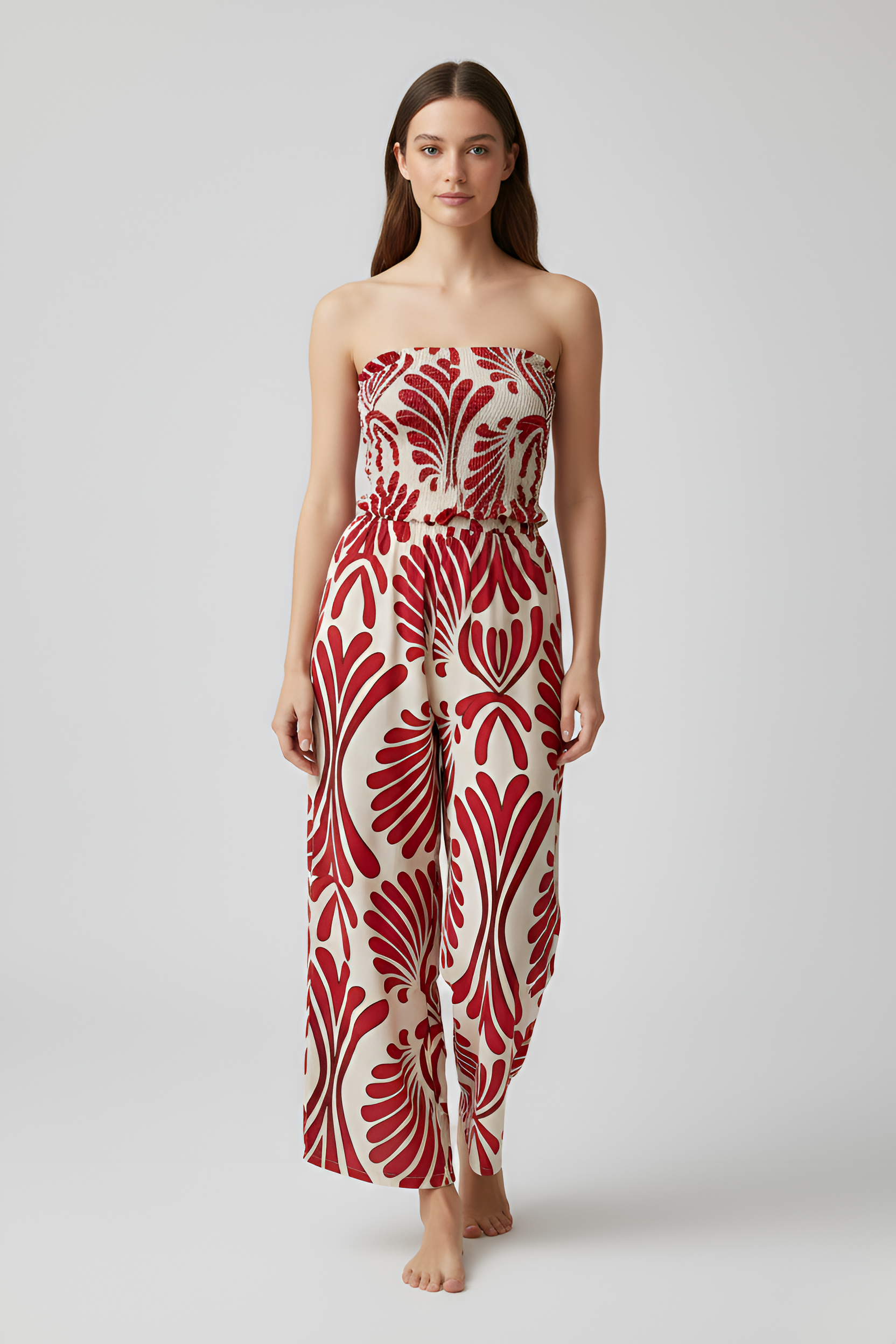 Combinaison Pantalon Imprimée Bustier Sans Bretelles avec Taille Haute et Jambes Larges