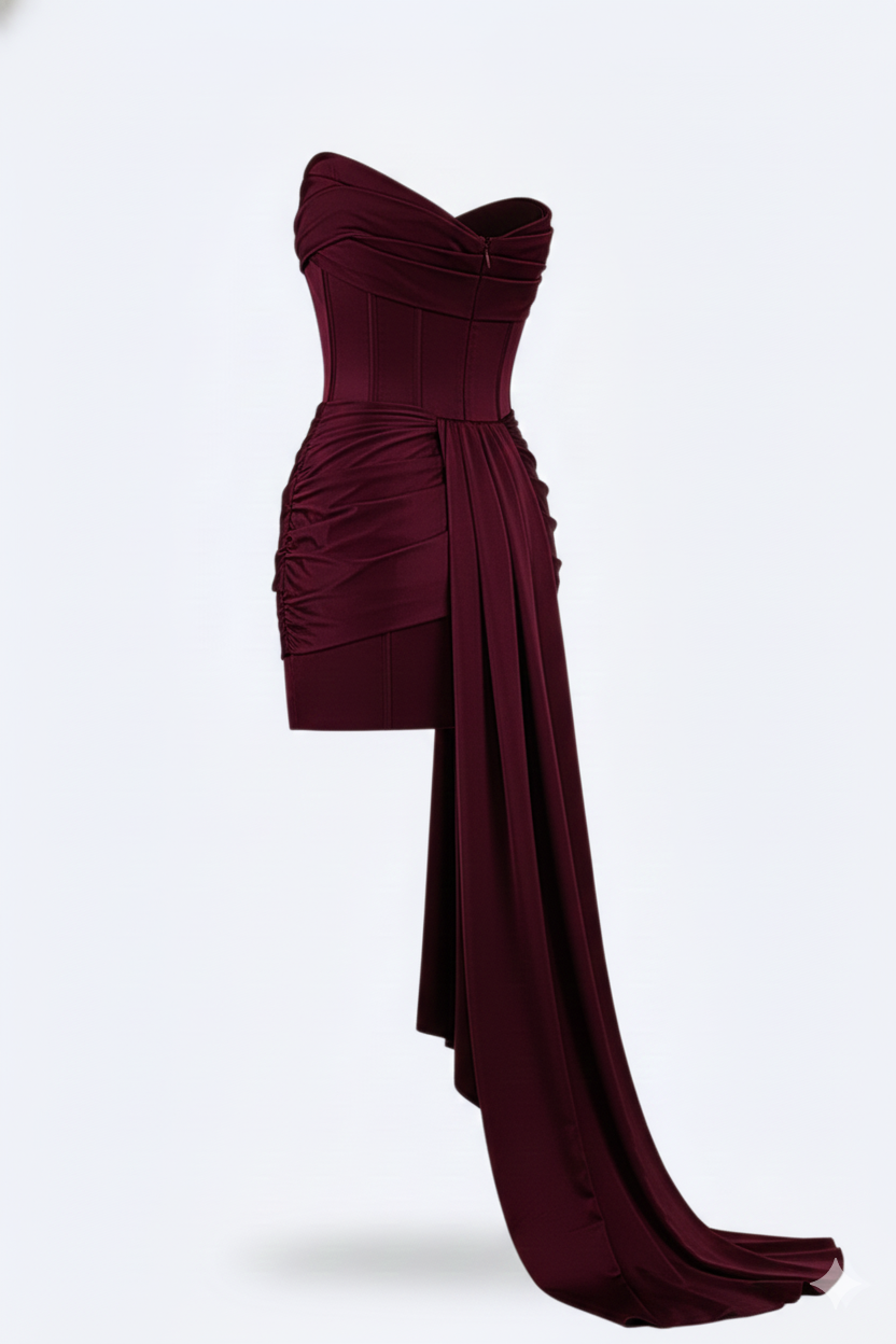 Robe de cocktail courte bustier en satin drapé avec silhouette sirène