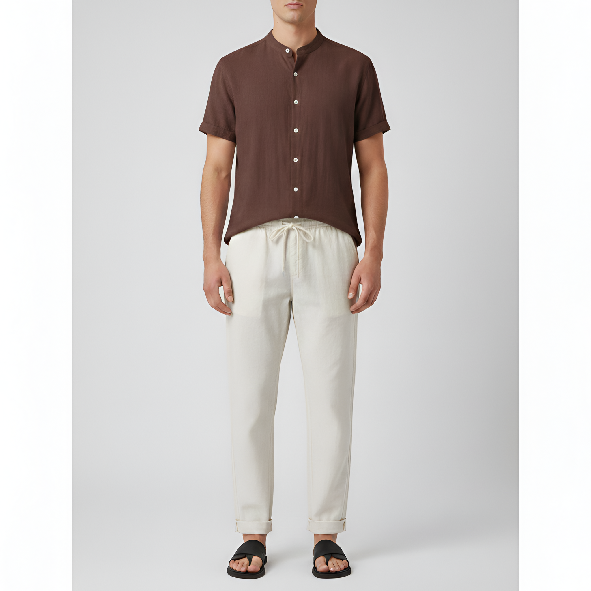 Ensemble Chemise à Col Officier et Pantalon en Lin à Coupe Droite pour Homme