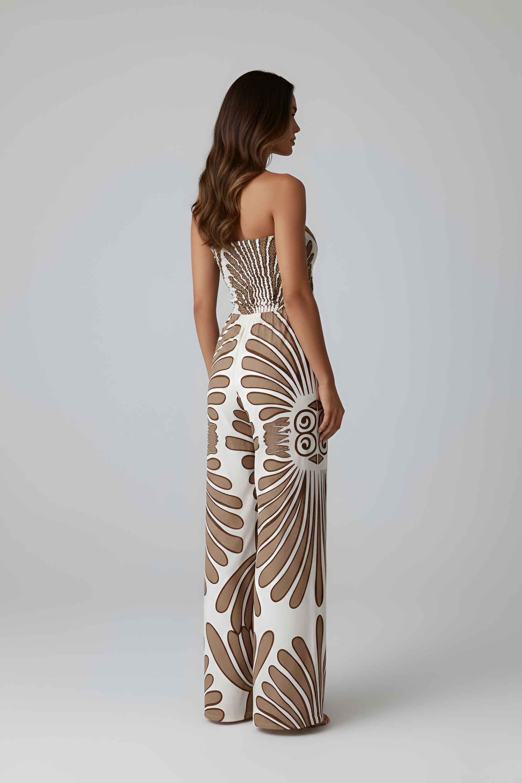 Combinaison Pantalon Imprimée Bustier Sans Bretelles avec Taille Haute et Jambes Larges