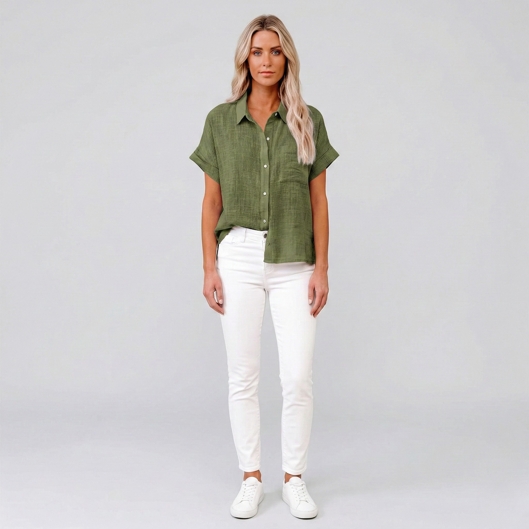 Chemisier en Lin pour Femme à Manches Courtes Coupe Ample et Boutonnée