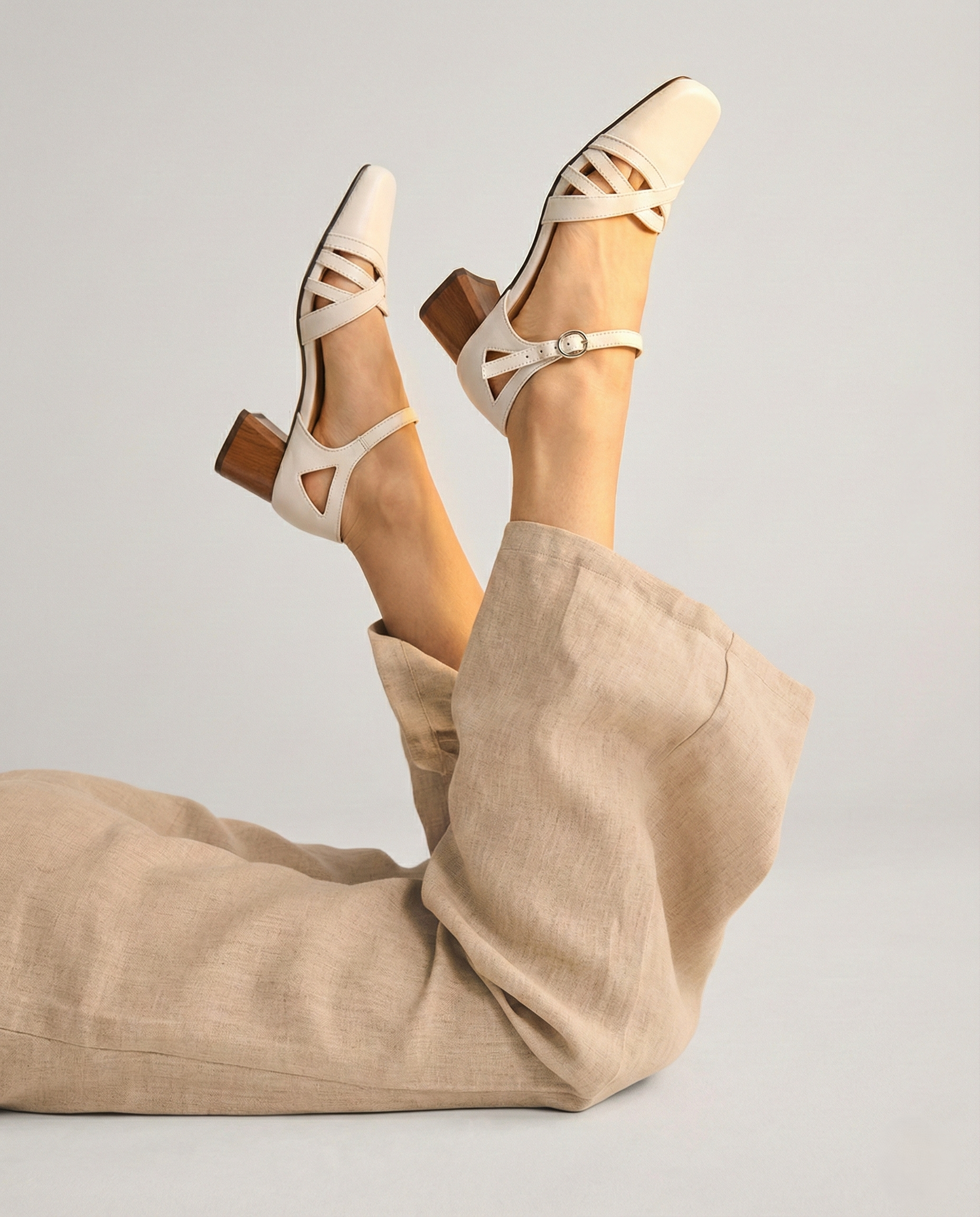 Open Sheepskin Pumps with Block Heel and Square Toe