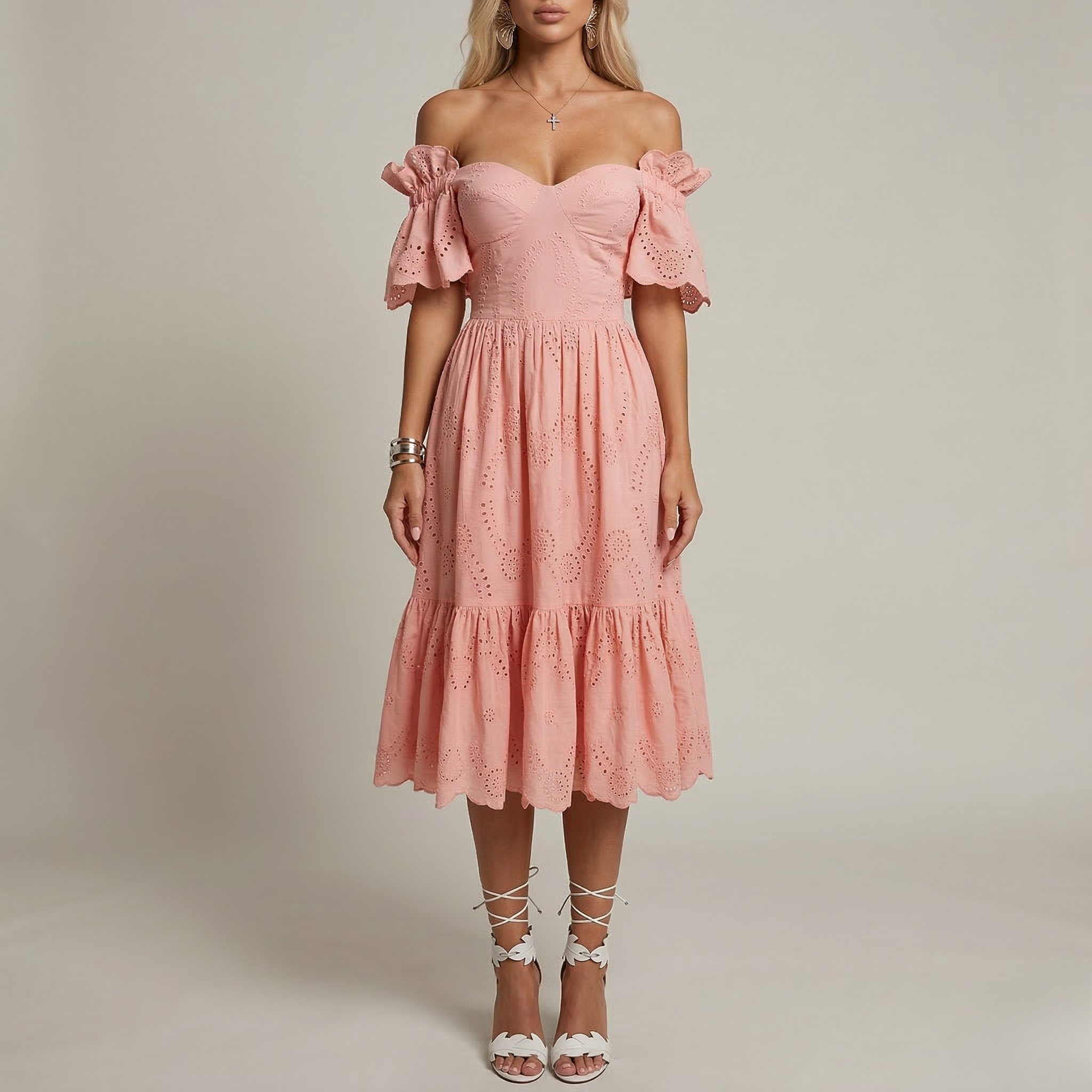 Cotton Sangallo Midi Dress with Off-Shoulder, Ruffles, and Eyelet Embroidery