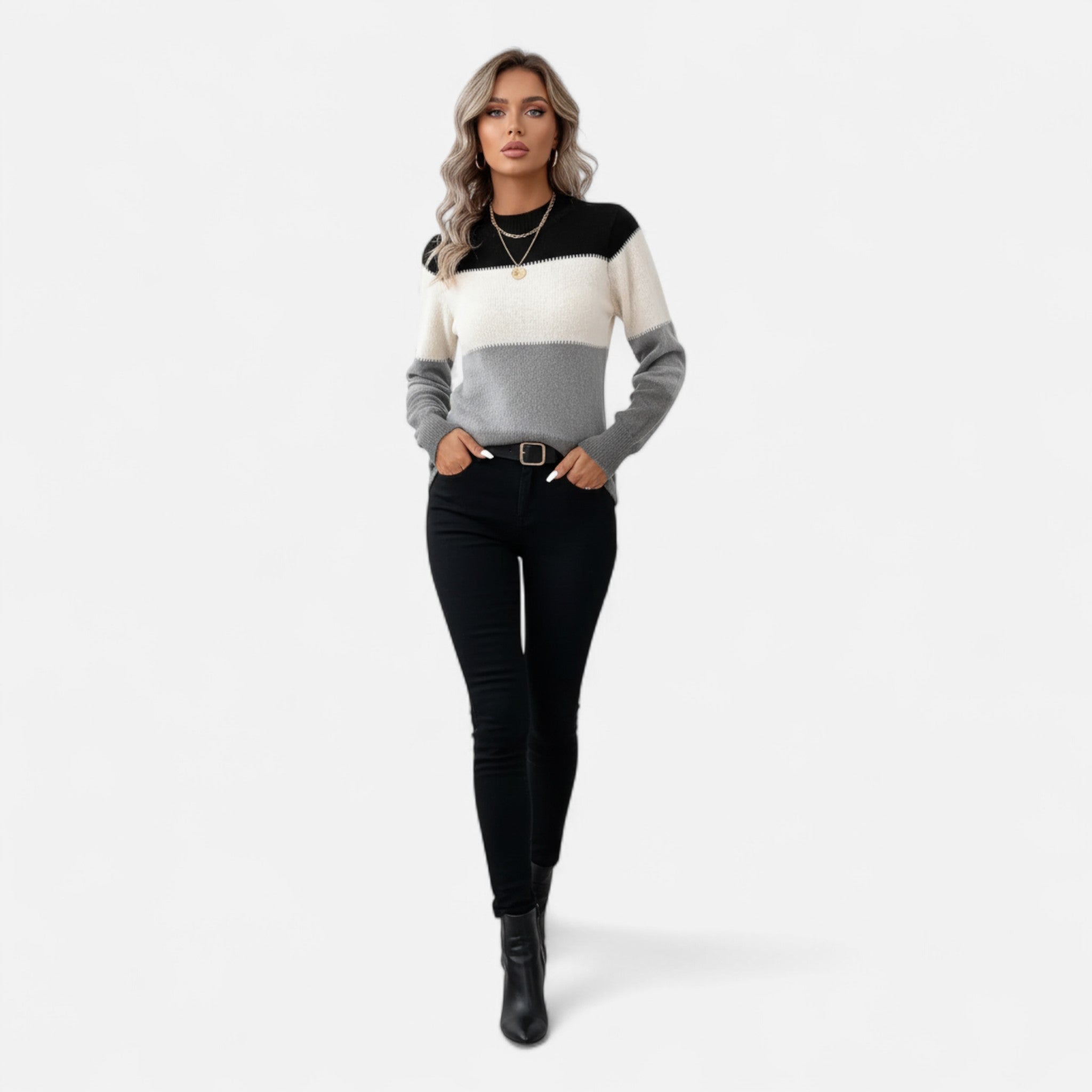 Velclairemode | Women's Color Block Stand-Up Collar Sweater for Fall-Winter