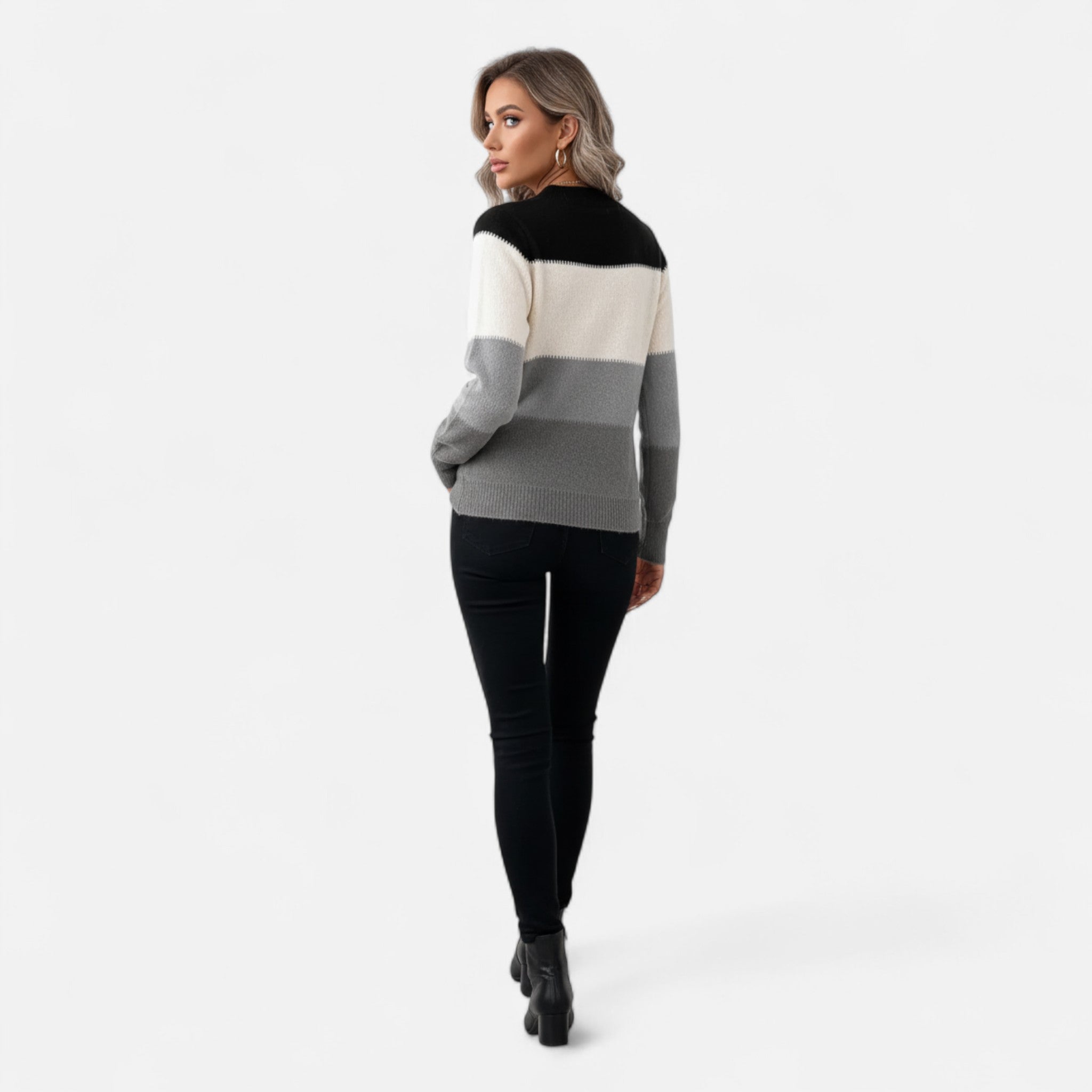 Velclairemode | Women's Color Block Stand-Up Collar Sweater for Fall-Winter