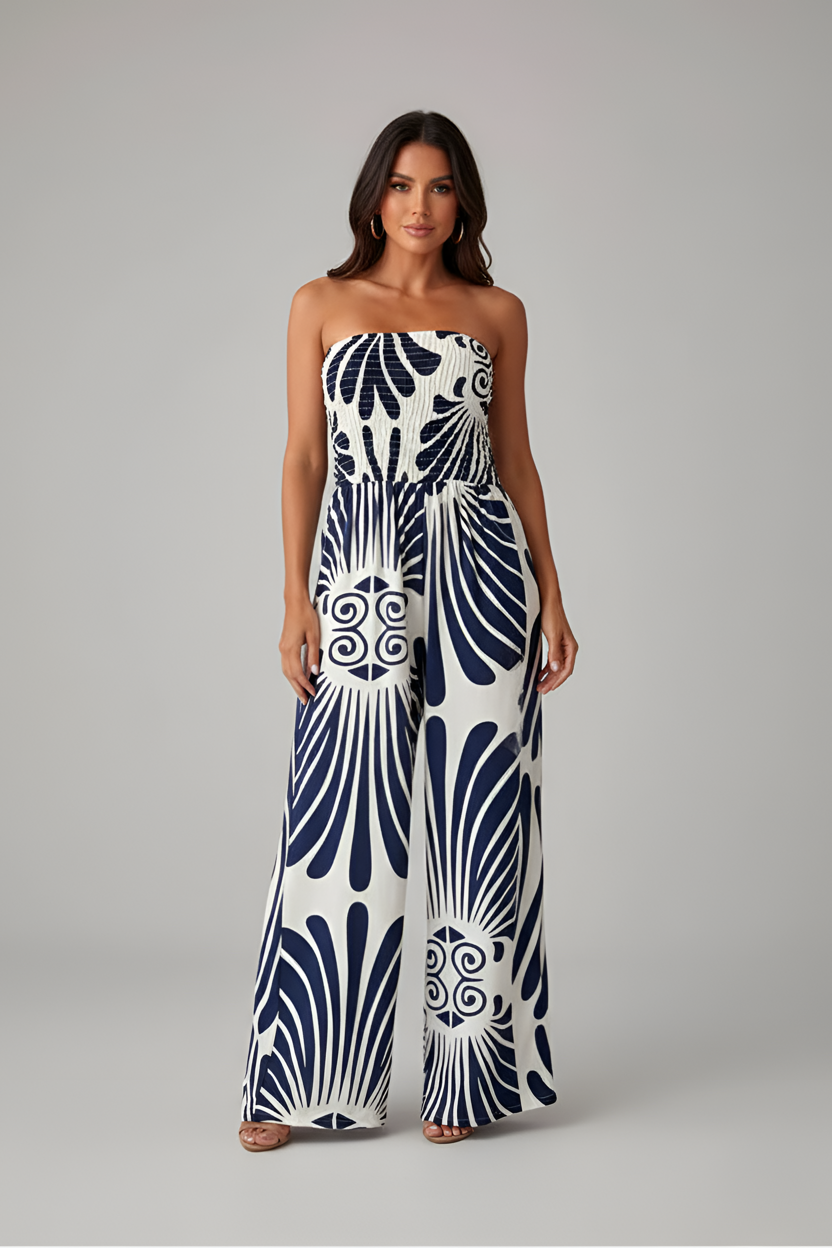 Combinaison Pantalon Imprimée Bustier Sans Bretelles avec Taille Haute et Jambes Larges