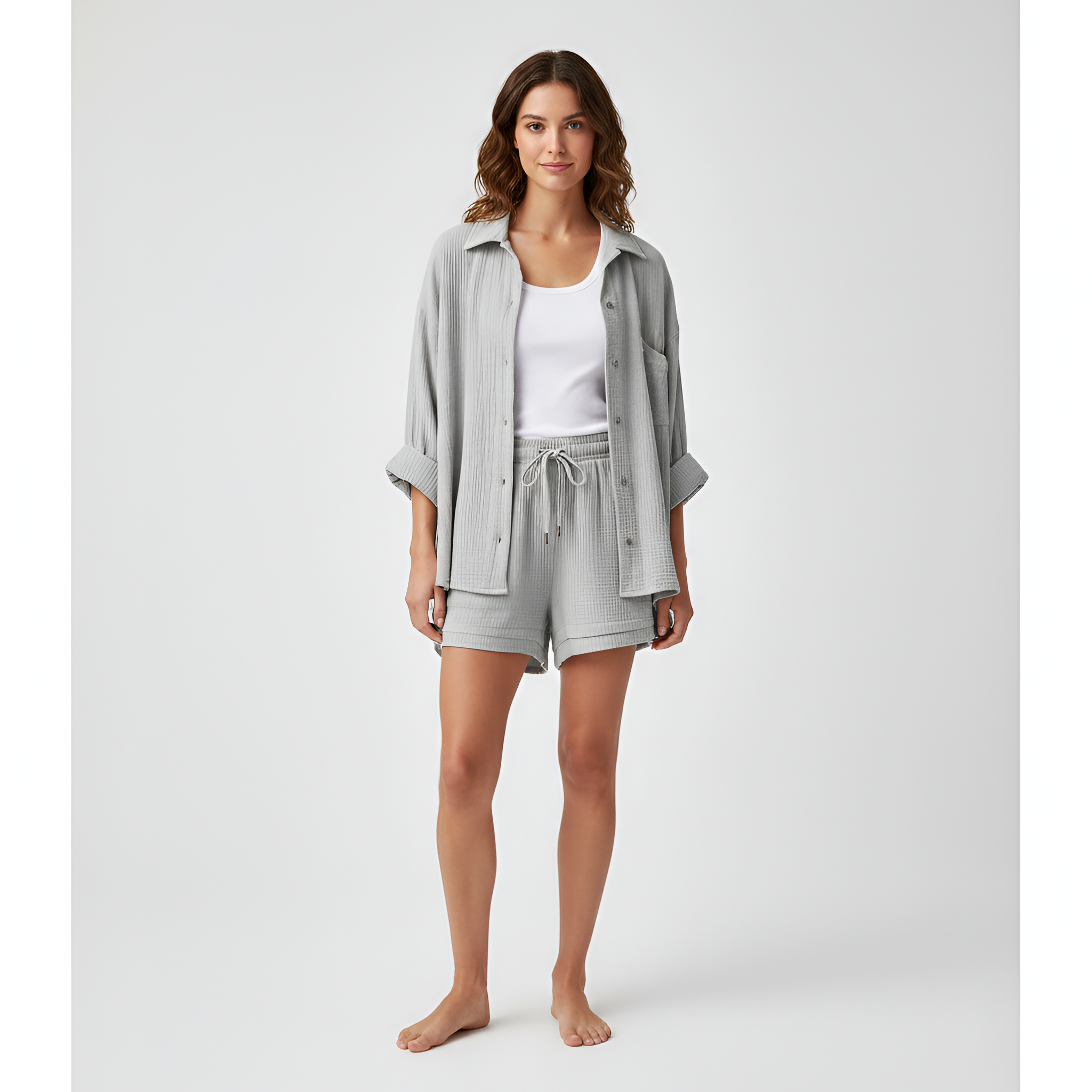 Ensemble Deux Pièces pour Femme avec Chemise à Col Rabattu et Short à Cordon