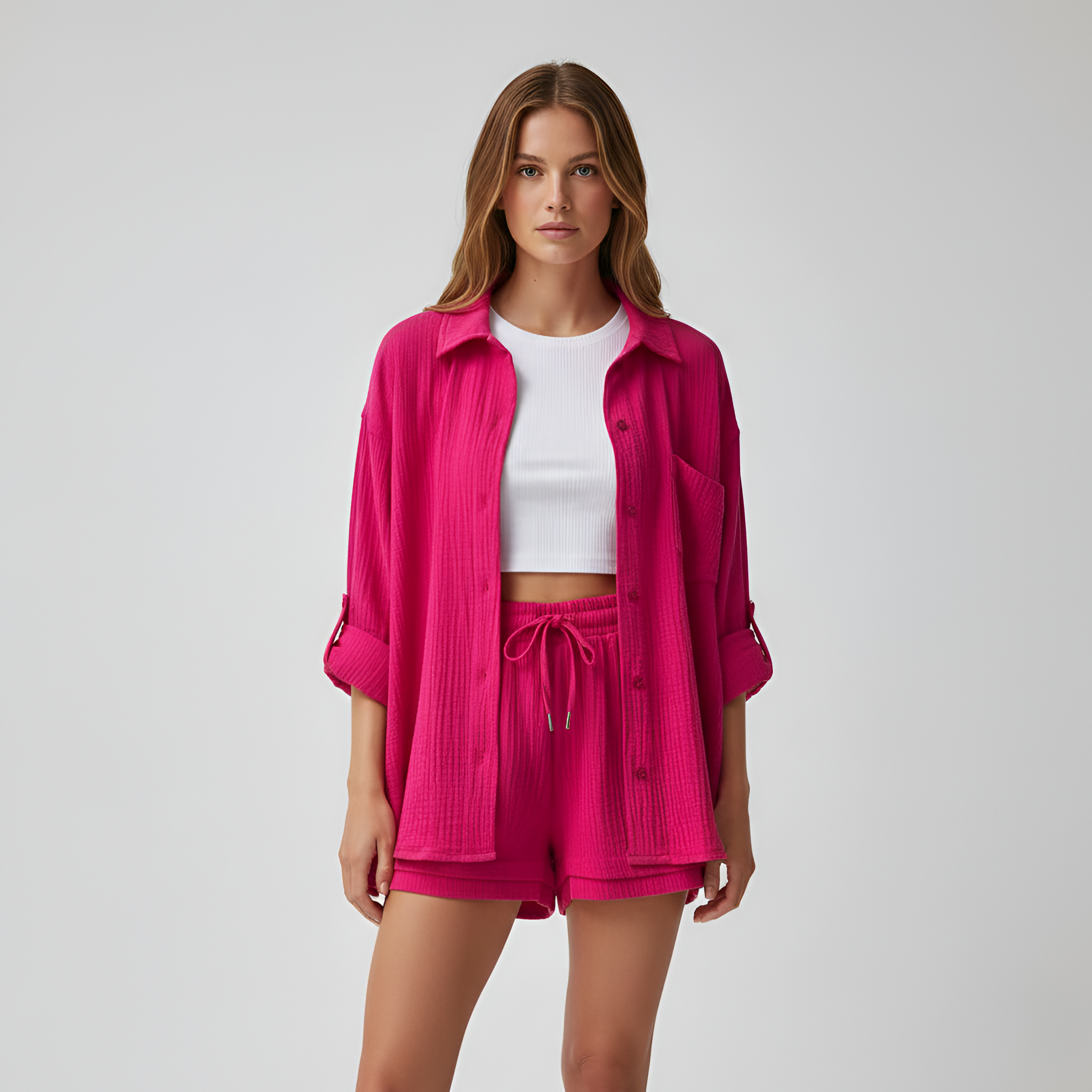 Ensemble Deux Pièces pour Femme avec Chemise à Col Rabattu et Short à Cordon