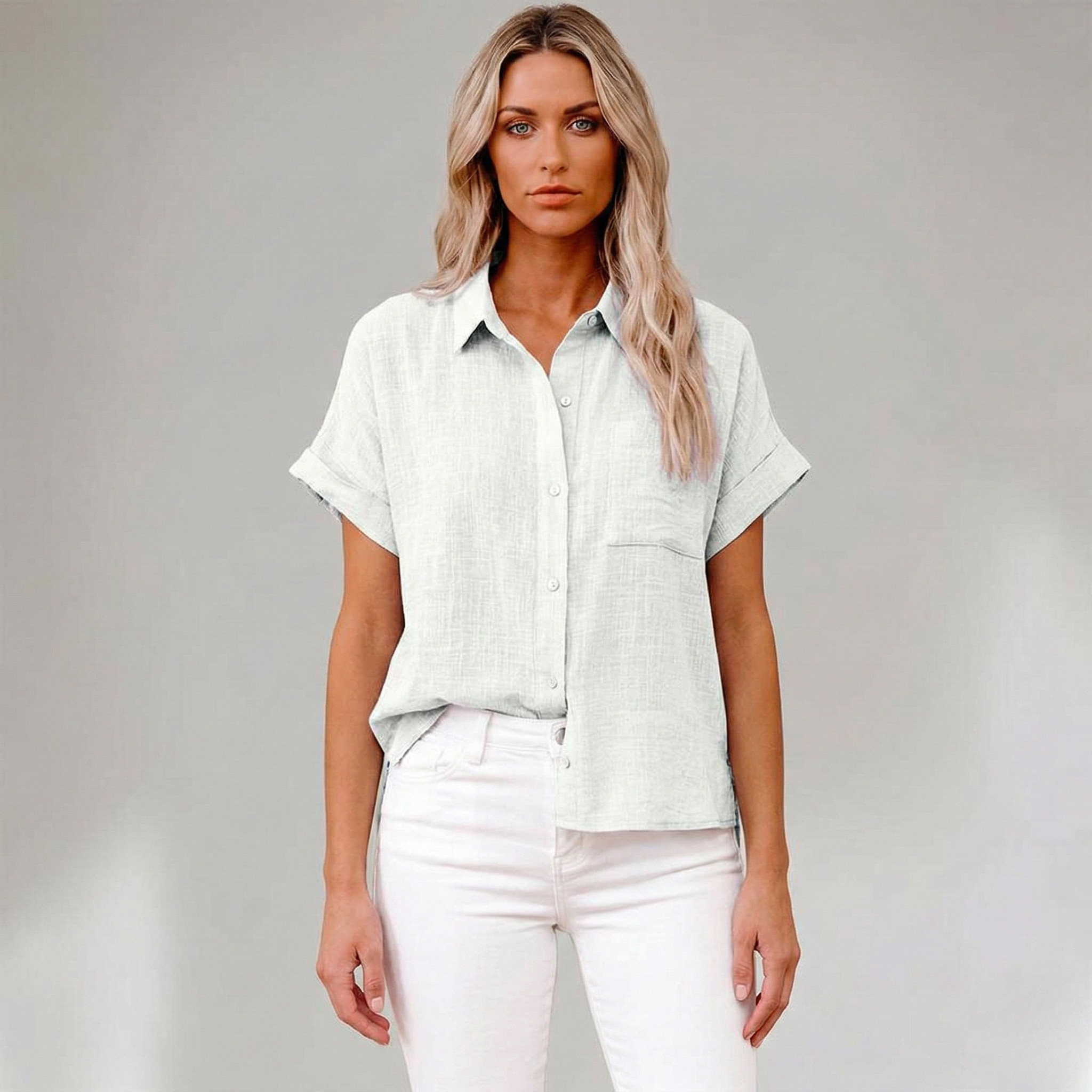 Chemisier en Lin pour Femme à Manches Courtes Coupe Ample et Boutonnée
