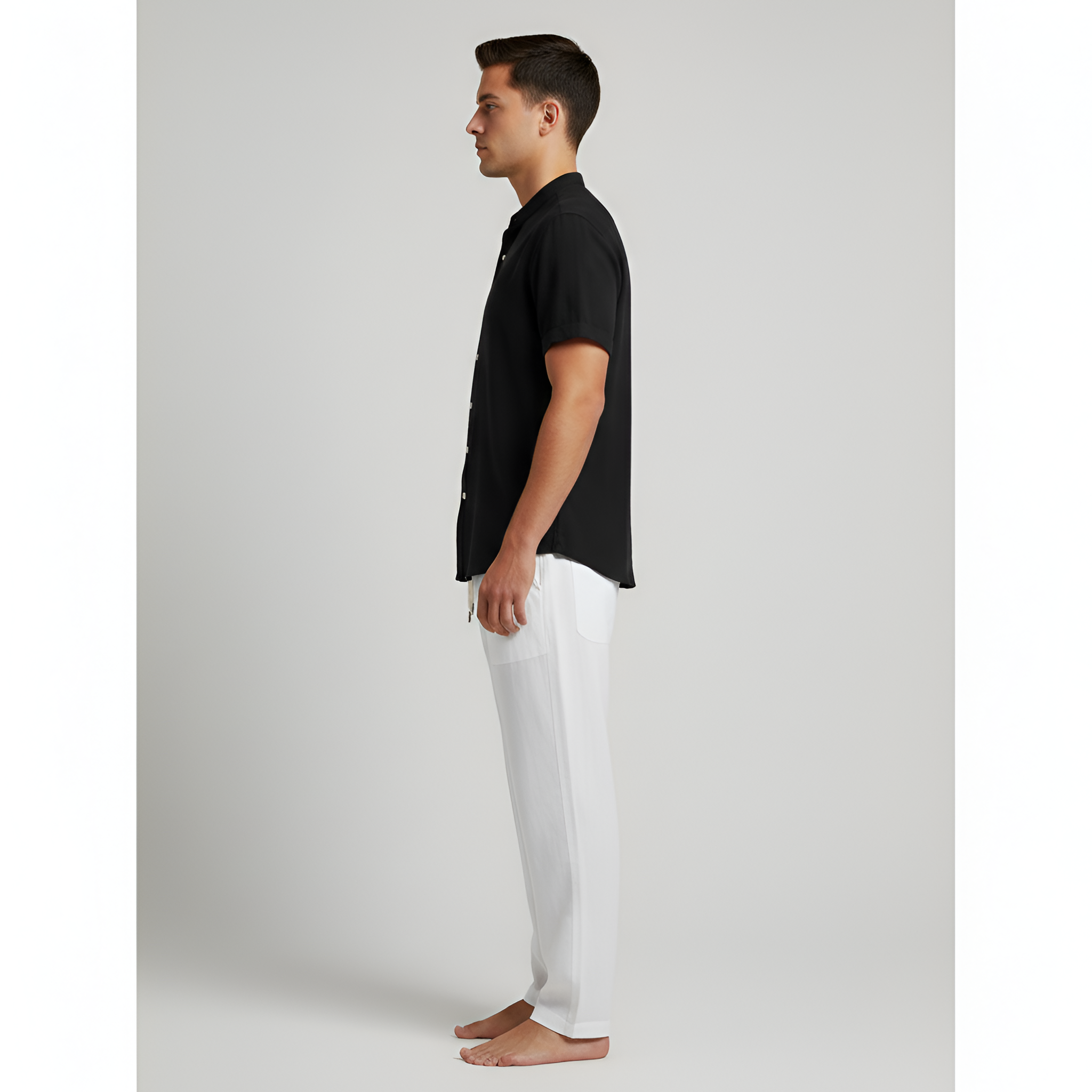 Ensemble Chemise à Col Officier et Pantalon en Lin à Coupe Droite pour Homme