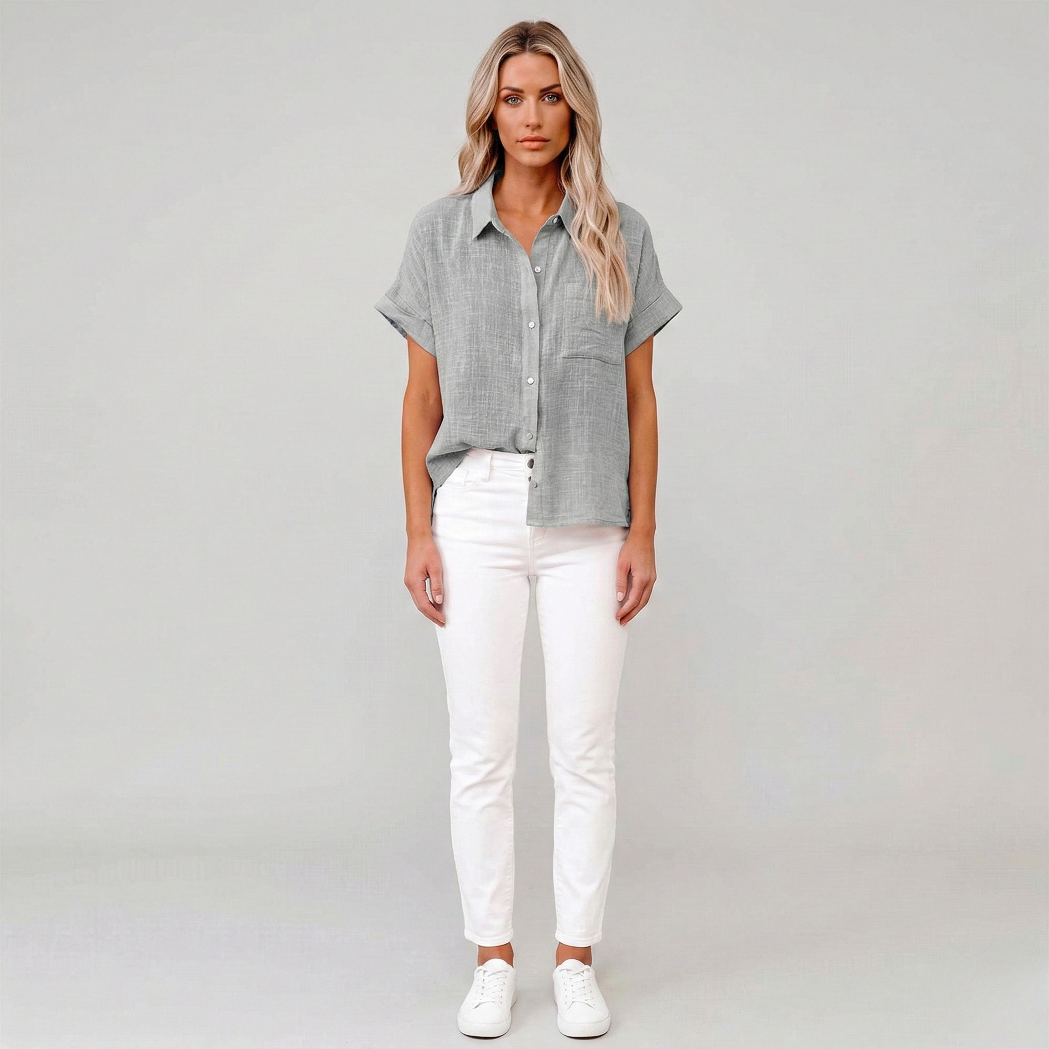Chemisier en Lin pour Femme à Manches Courtes Coupe Ample et Boutonnée