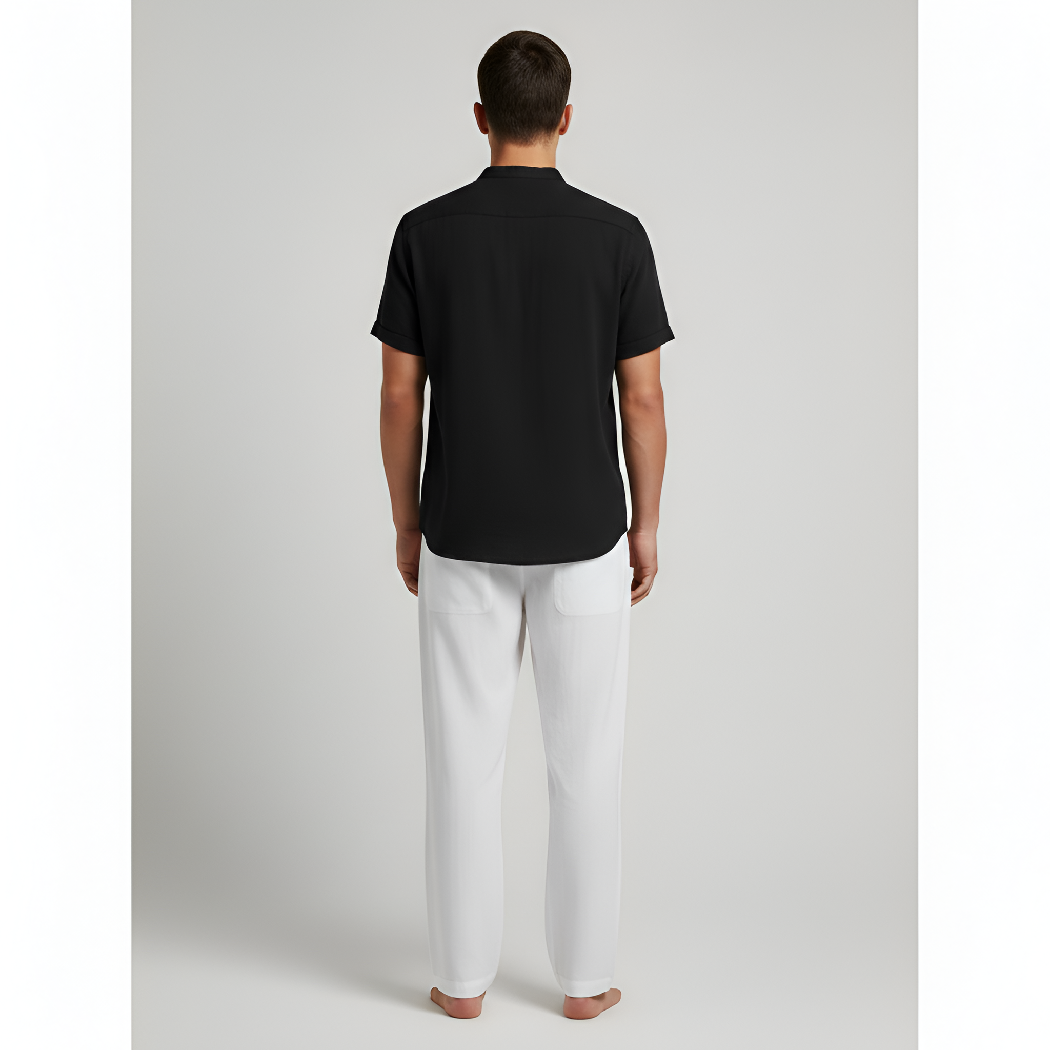 Ensemble Chemise à Col Officier et Pantalon en Lin à Coupe Droite pour Homme