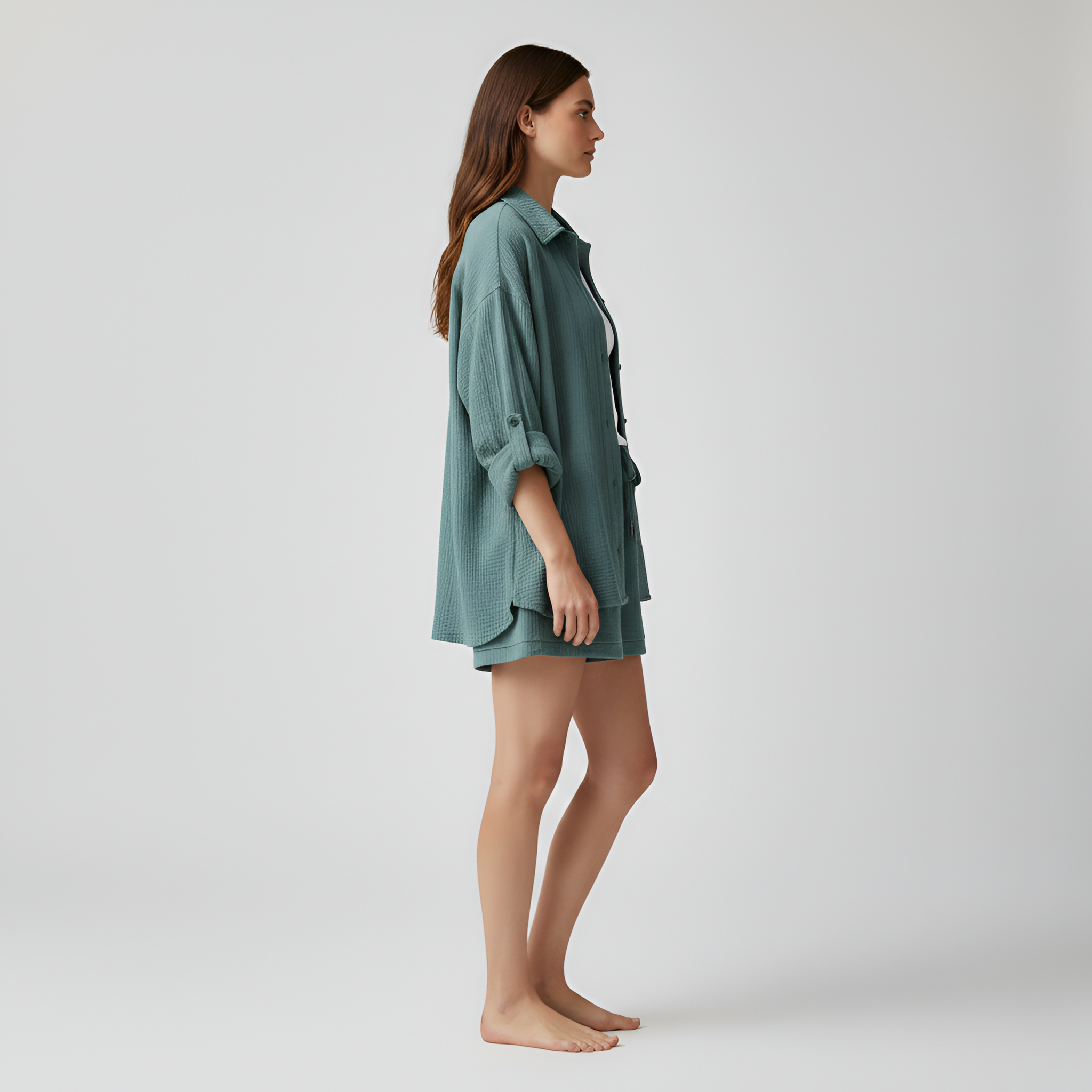 Ensemble Deux Pièces pour Femme avec Chemise à Col Rabattu et Short à Cordon