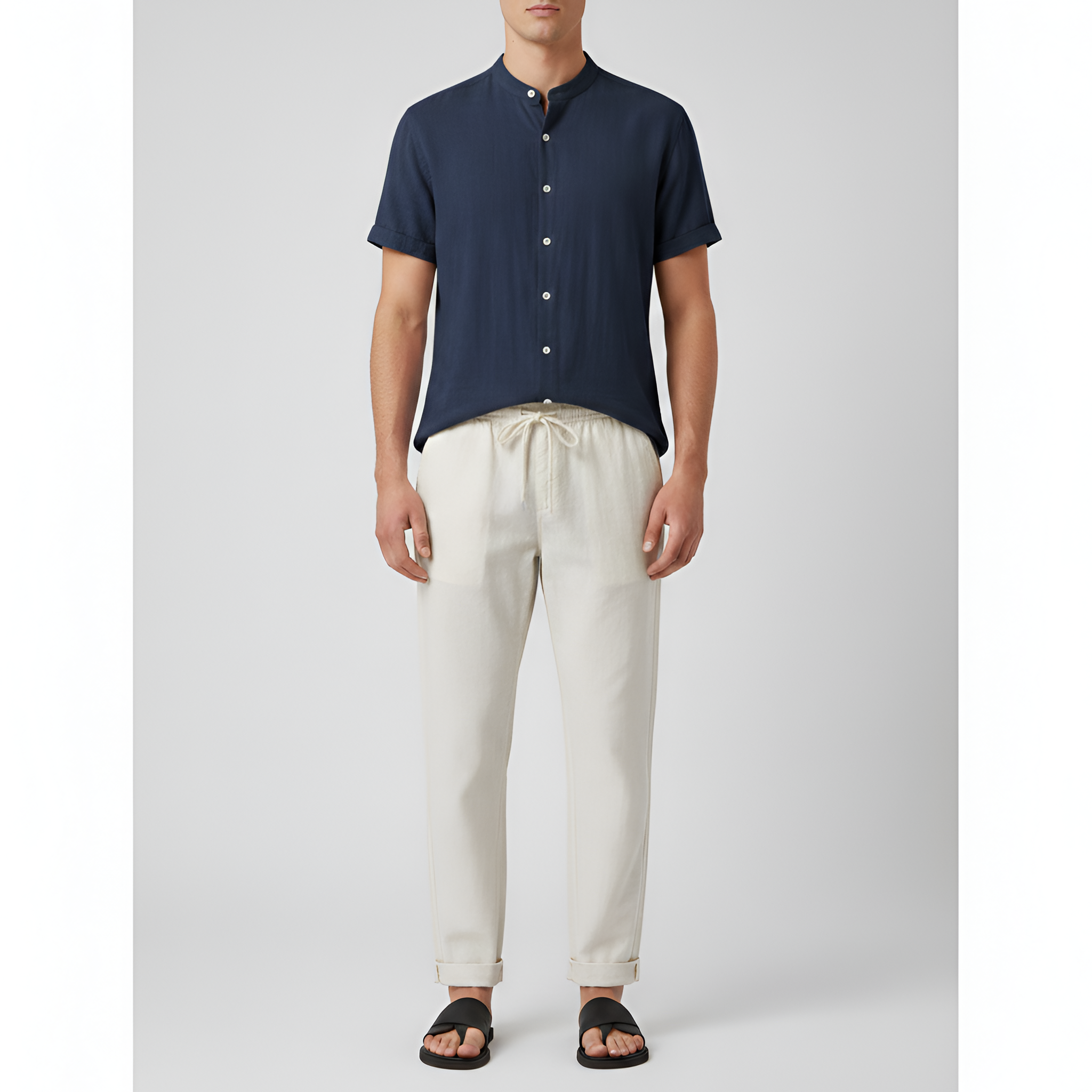 Ensemble Chemise à Col Officier et Pantalon en Lin à Coupe Droite pour Homme