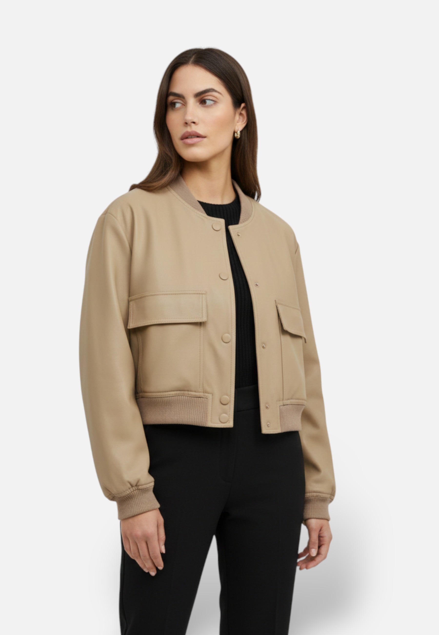 Blouson Bomber Court à Encolure en V et Fermeture à Boutonnage Simple pour Femme