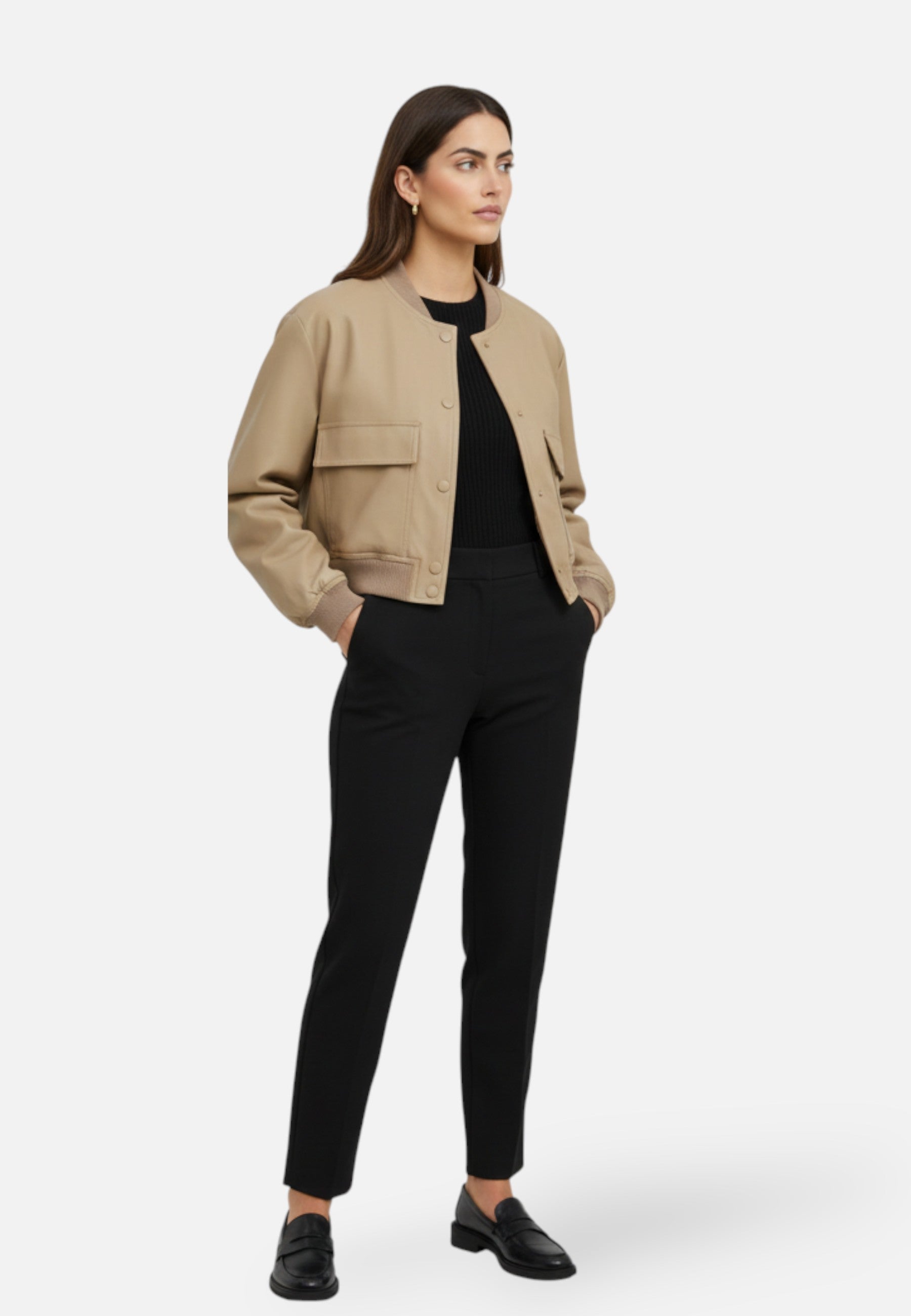 Blouson Bomber Court à Encolure en V et Fermeture à Boutonnage Simple pour Femme