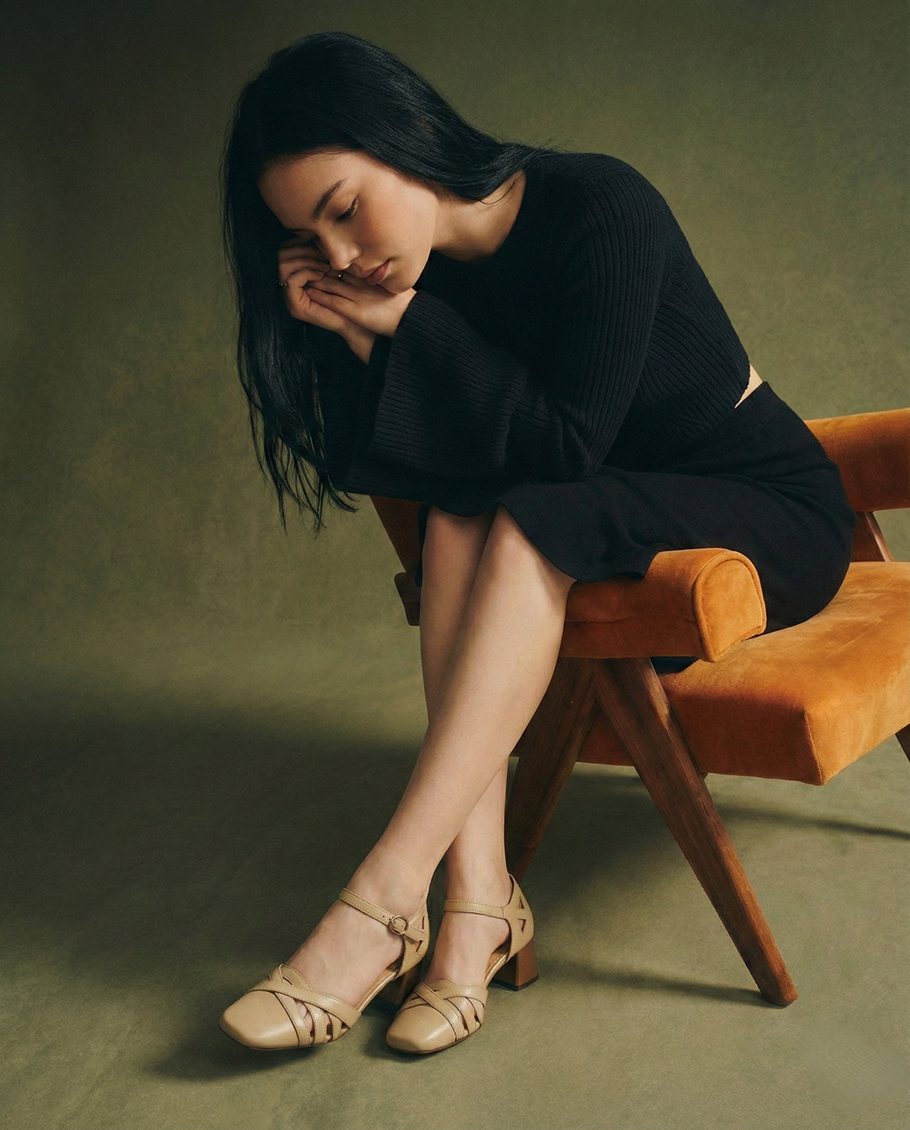 Open Sheepskin Pumps with Block Heel and Square Toe