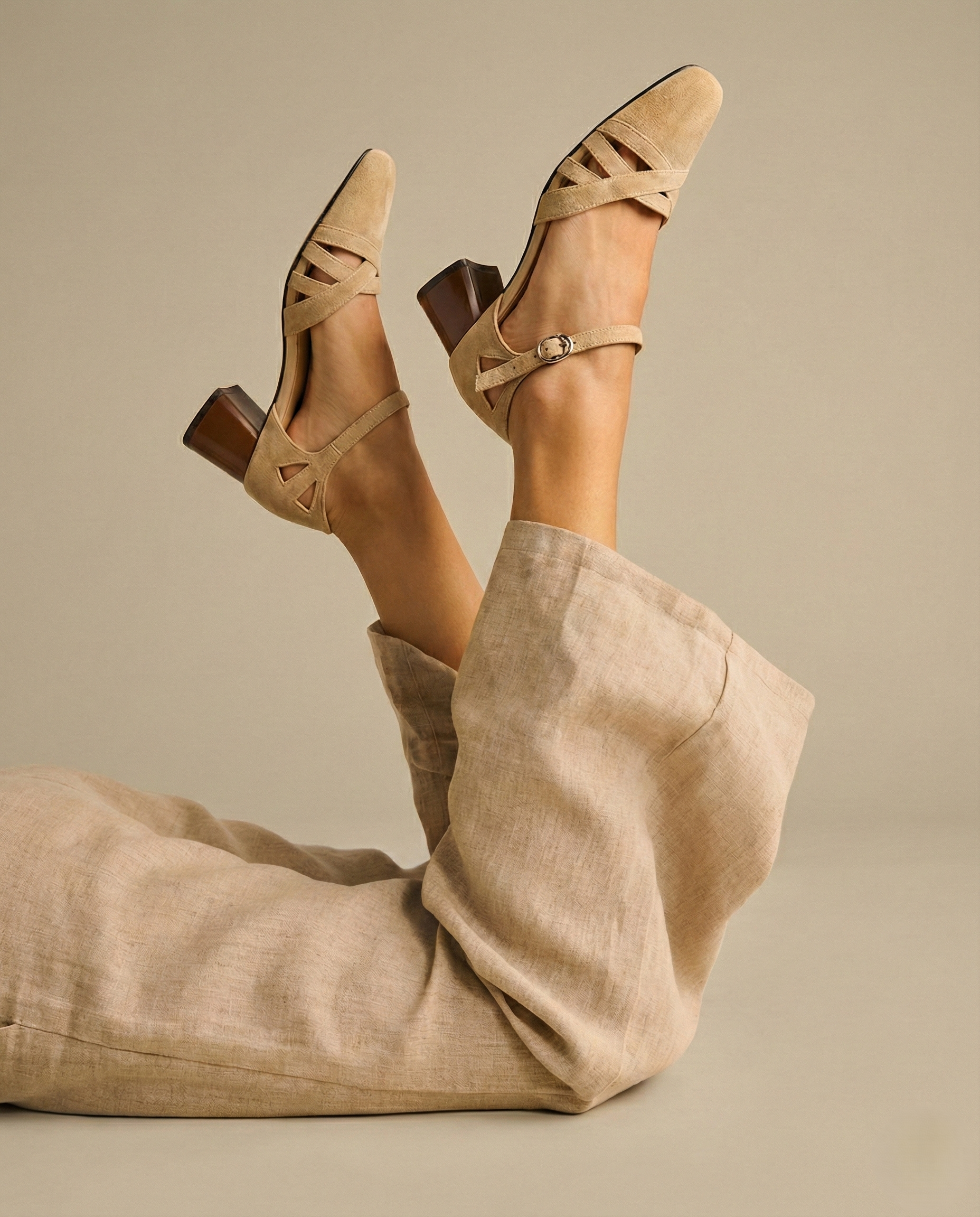 Open Sheepskin Pumps with Block Heel and Square Toe