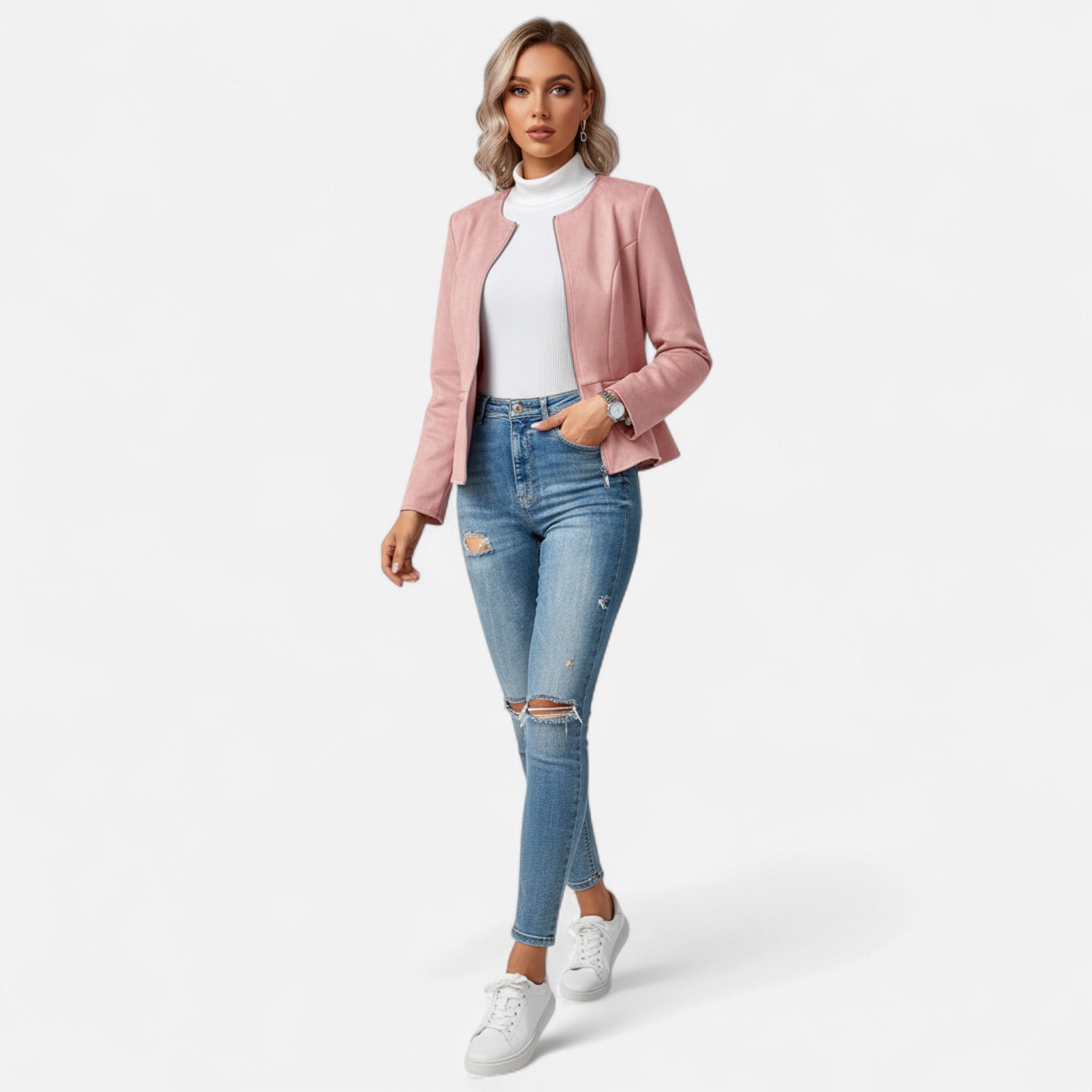 Velclairemode | Women's Short Zip-Up Jacket with Elegant Round Neck