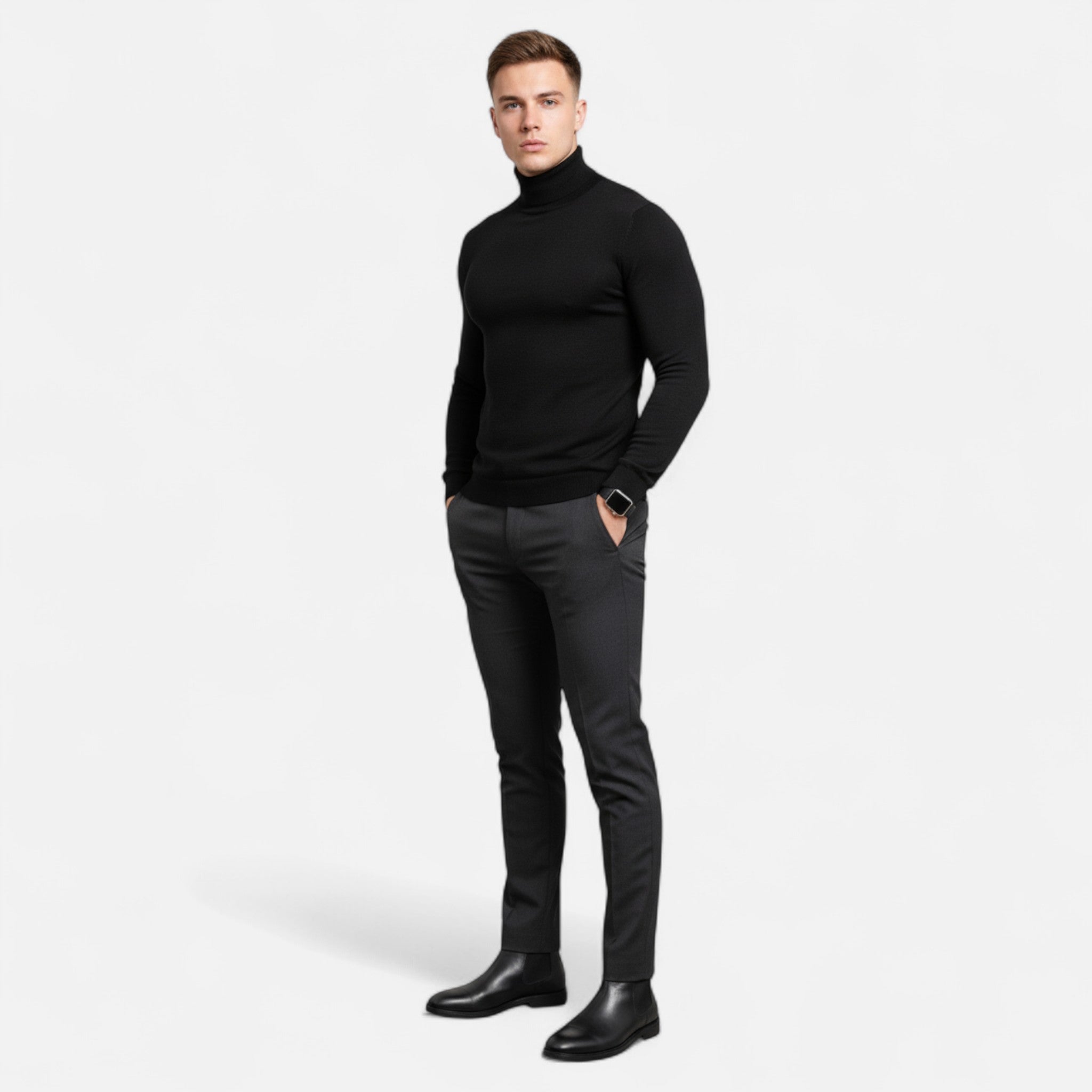 Velclairemode | Men's High Neck Solid Knit Sweater Fall-Winter
