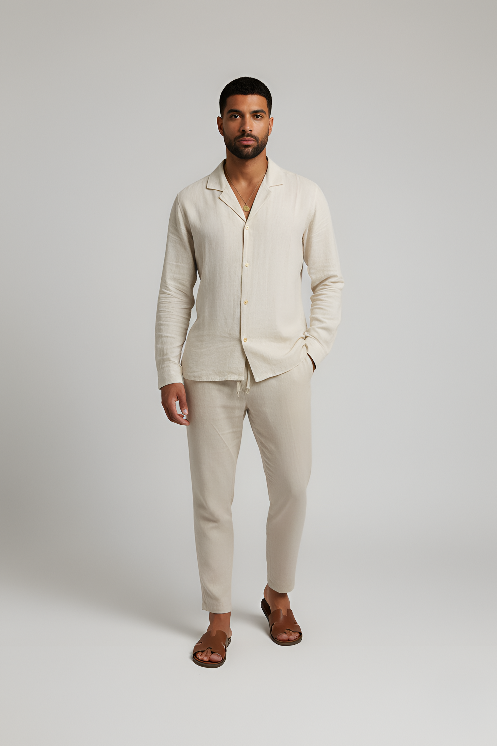Ensemble Deux Pièces pour Homme avec Chemise à Col Crané et Pantalon à Taille Élastique
