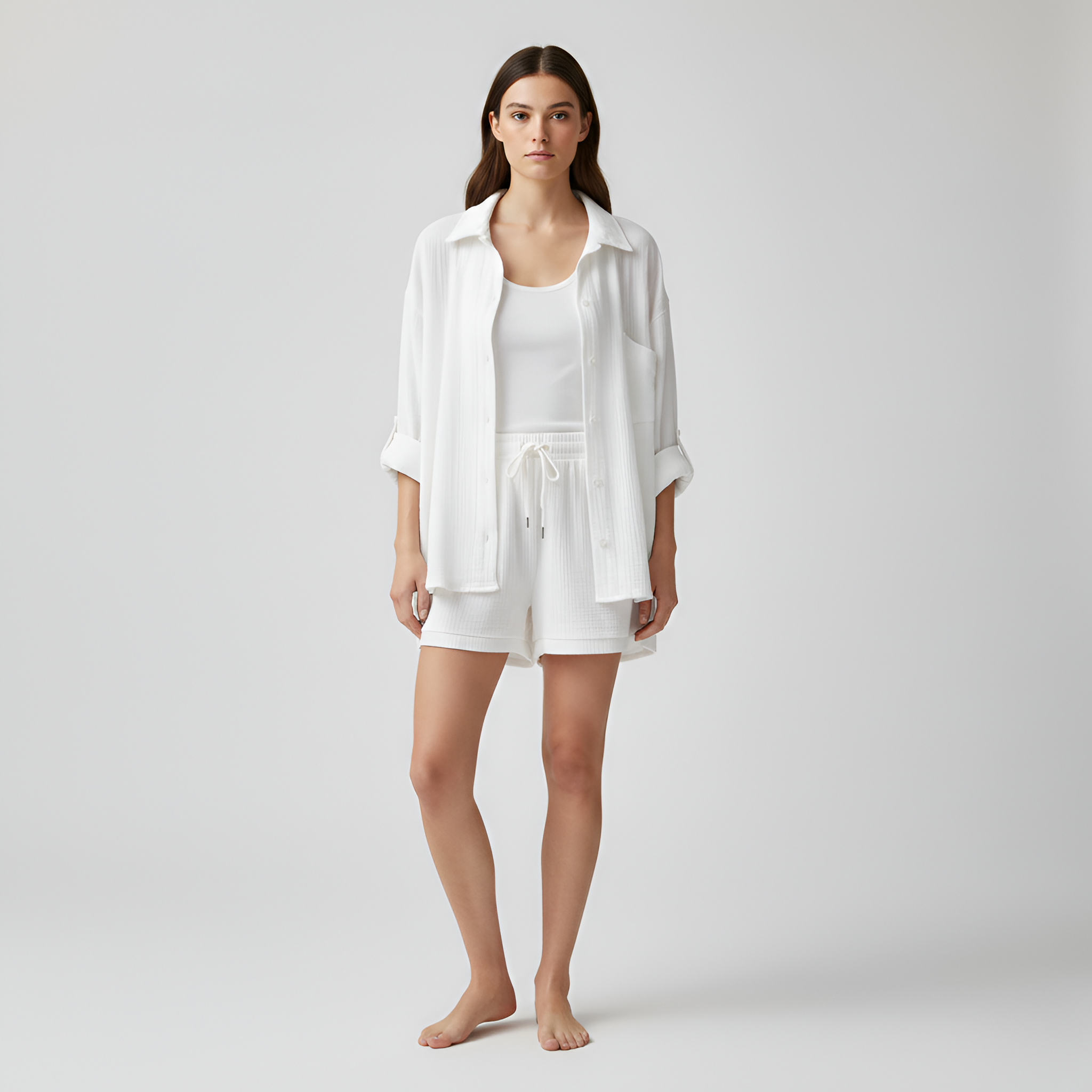 Ensemble Deux Pièces pour Femme avec Chemise à Col Rabattu et Short à Cordon