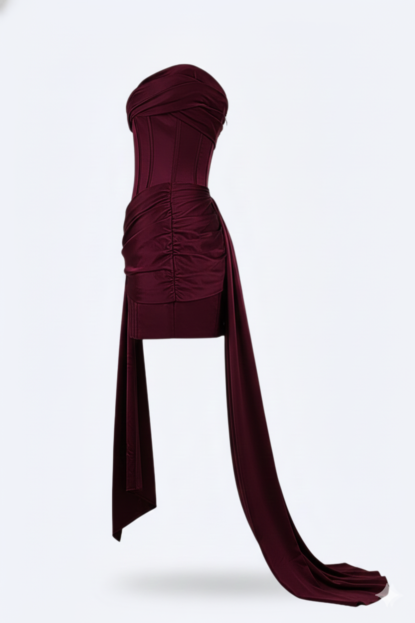 Robe de cocktail courte bustier en satin drapé avec silhouette sirène