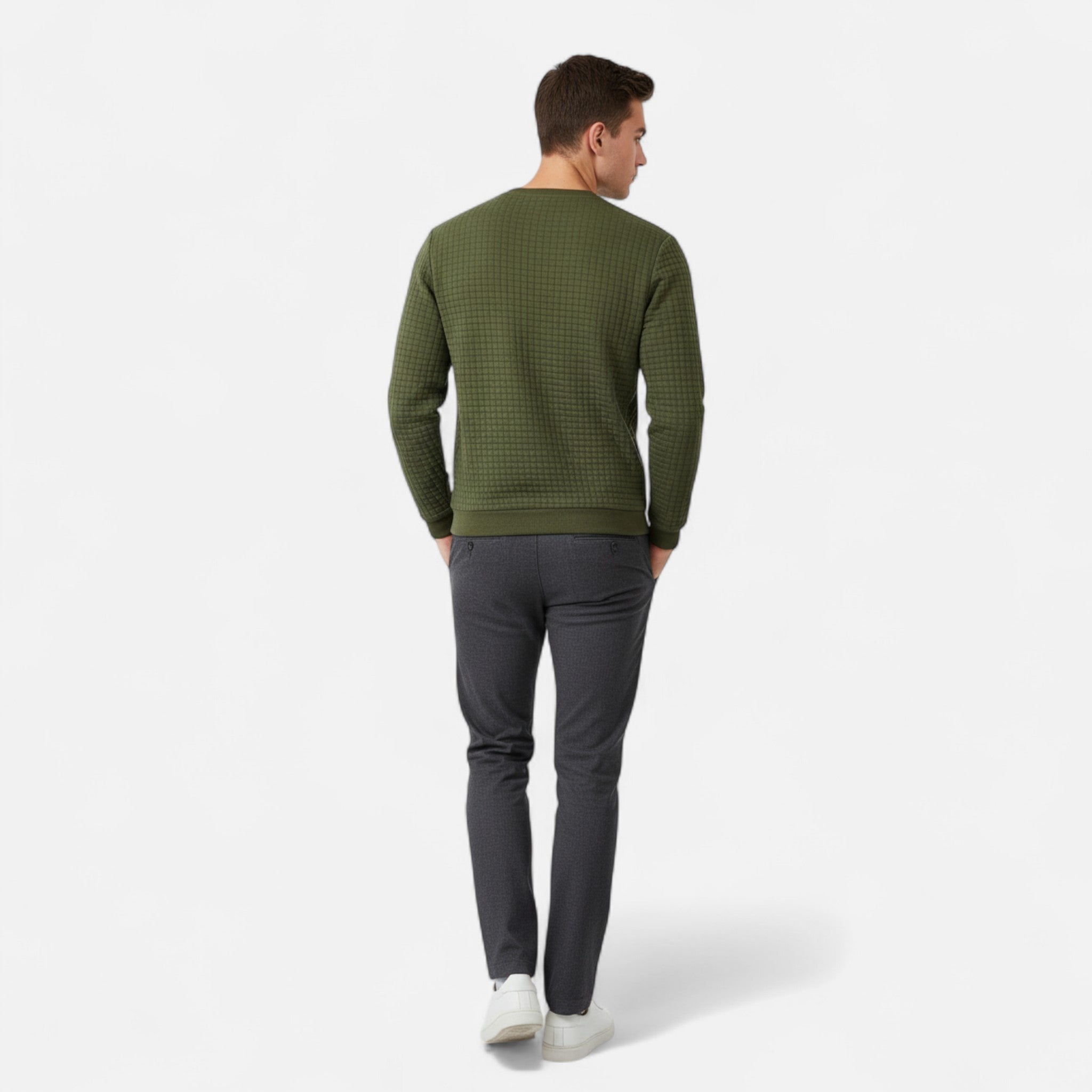 Velclairemode | Men's Jacquard Check Sweater with Orange Accents