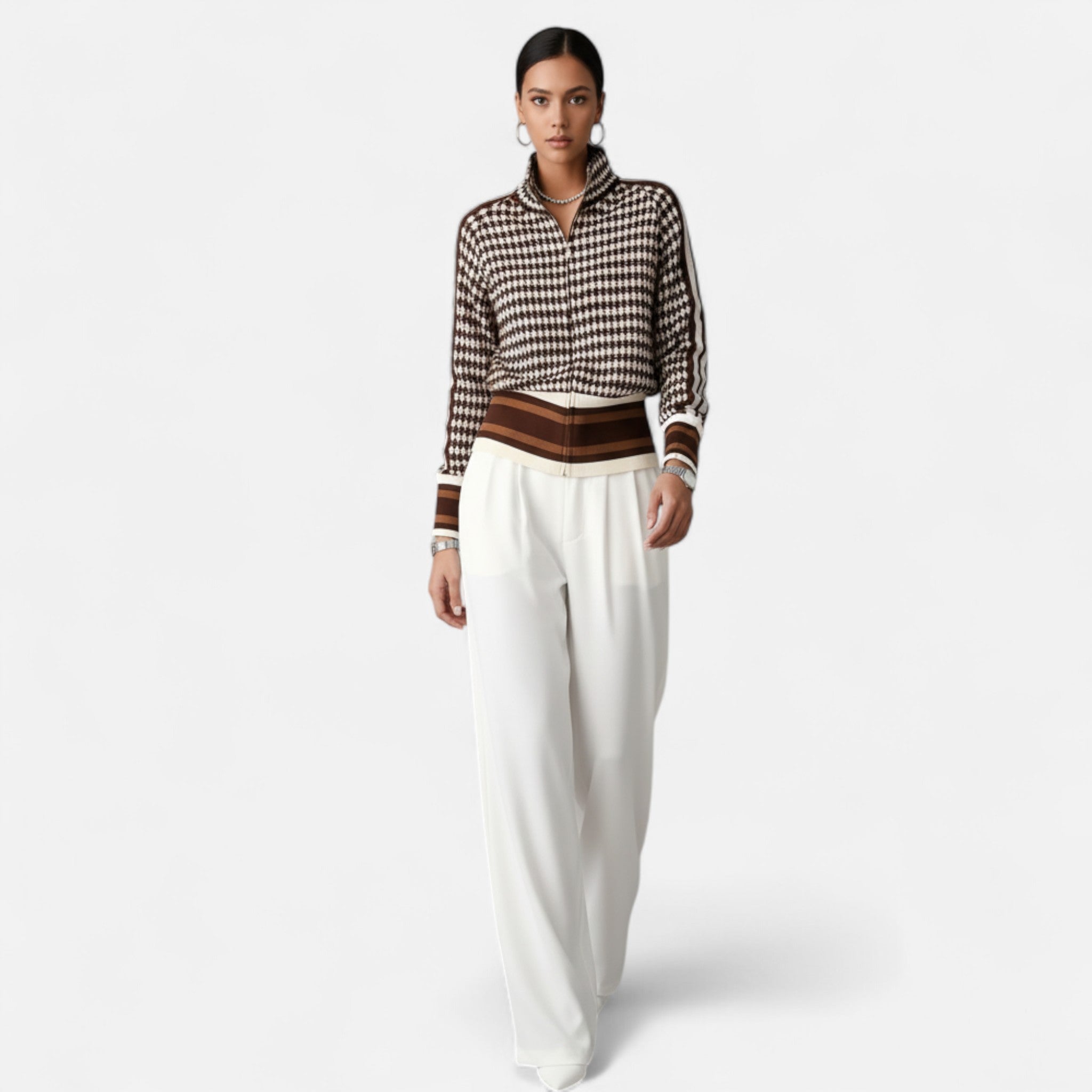 Velclairemode | Women's Elegant Houndstooth Zip-Up Cardigan