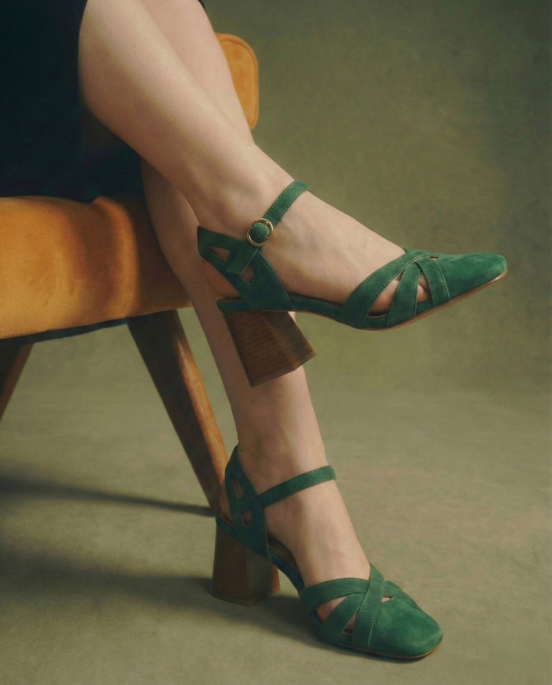 Open Sheepskin Pumps with Block Heel and Square Toe