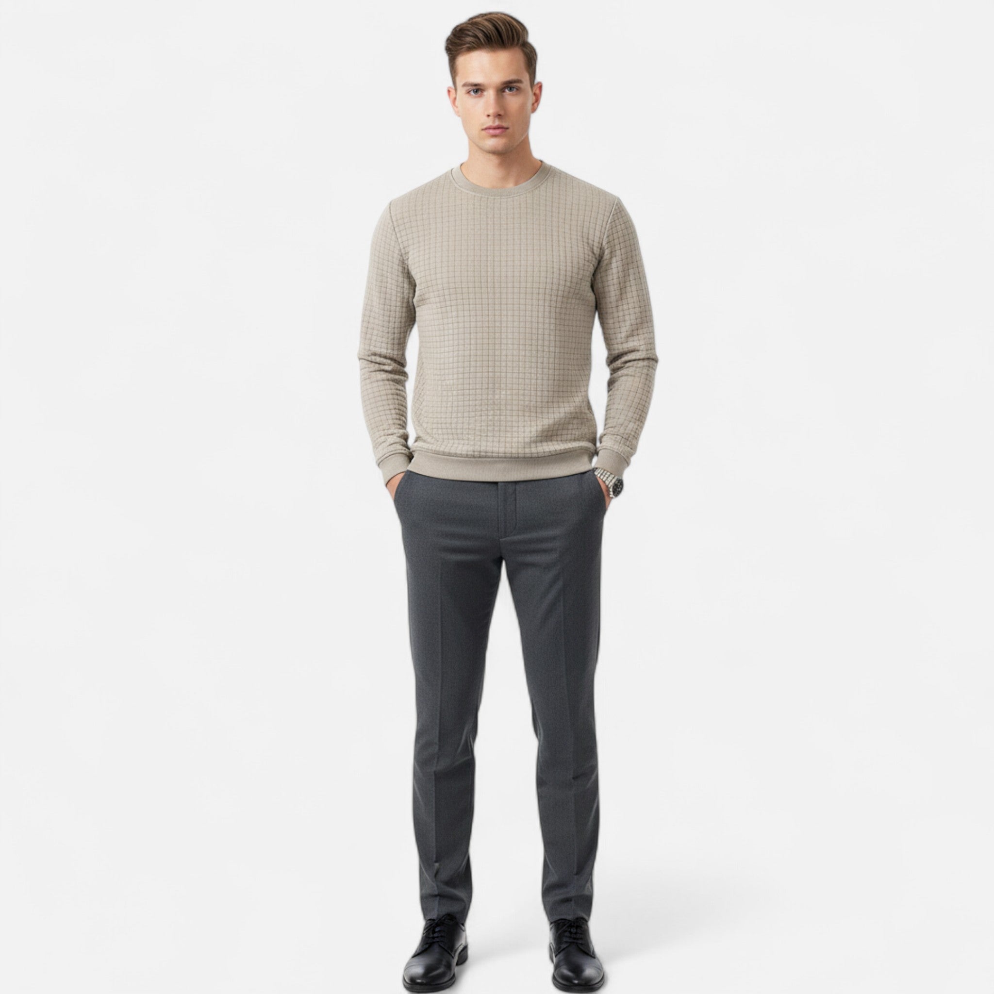 Velclairemode | Men's Plaid Pattern Round Neck Sweater for Fall-Winter