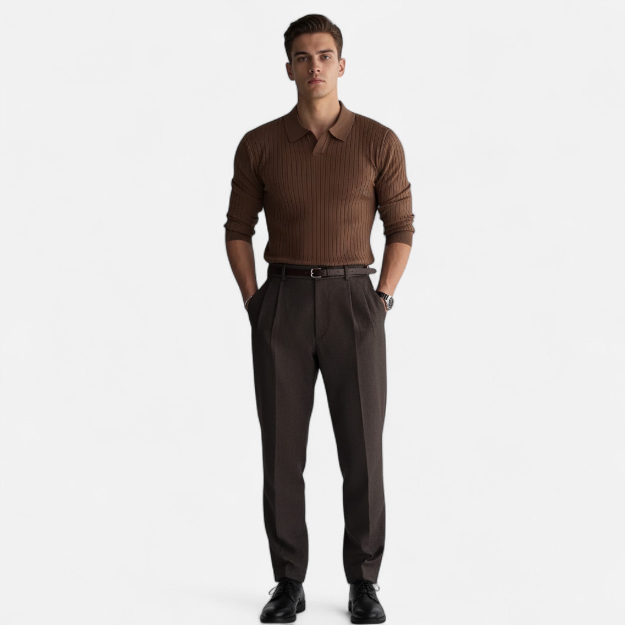 Velclairemode | Men's Solid Ribbed Knit Sweater Fall-Winter