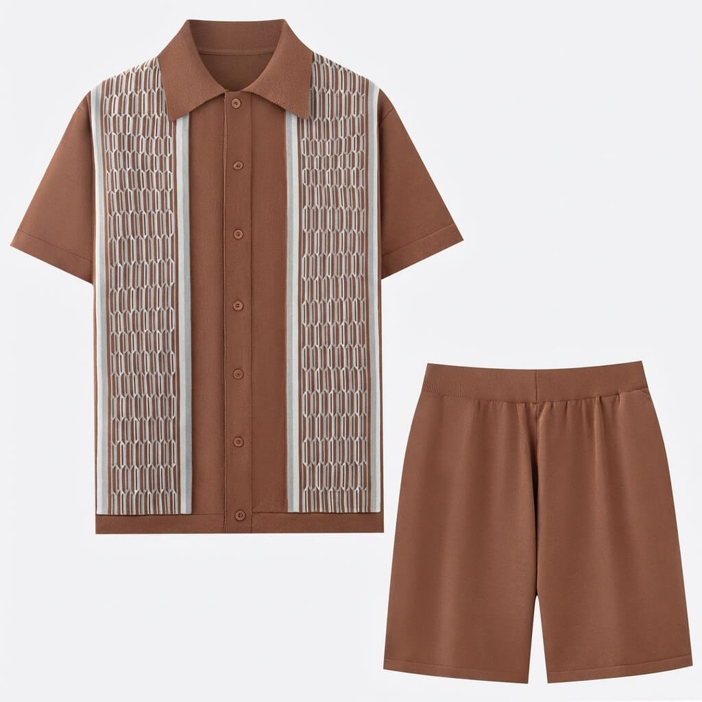 Herretøj i to dele i strik — geometrisk mønster — sommeroutfit