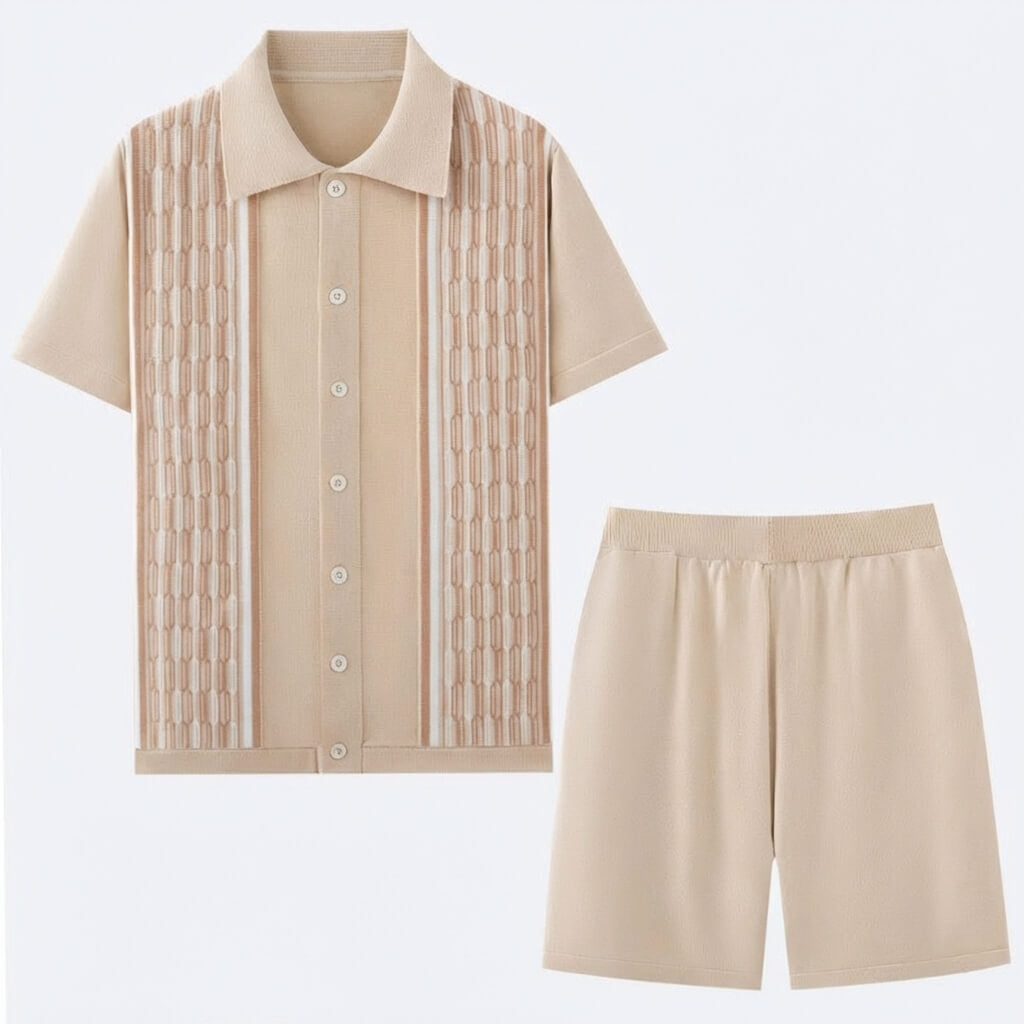 Herretøj i to dele i strik — geometrisk mønster — sommeroutfit