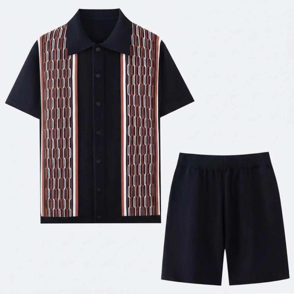 Herretøj i to dele i strik — geometrisk mønster — sommeroutfit