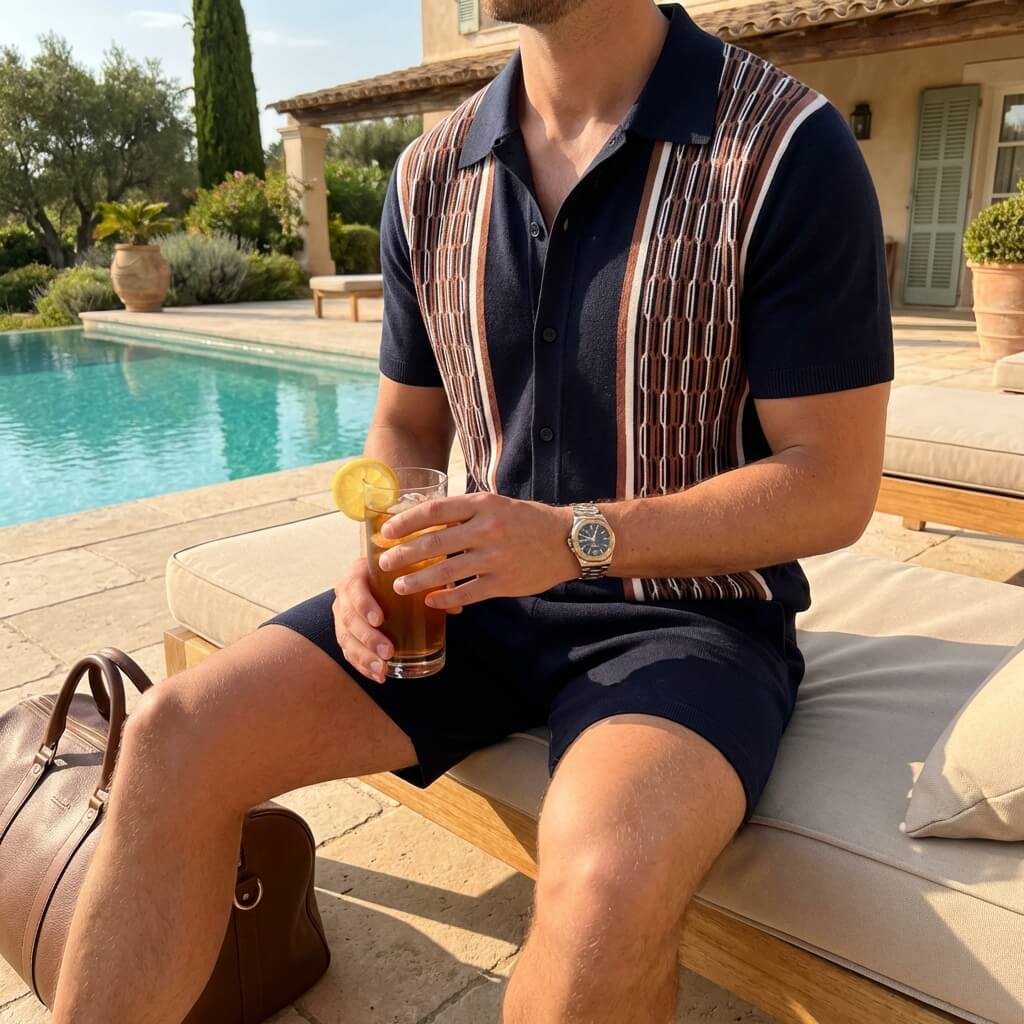 Herretøj i to dele i strik — geometrisk mønster — sommeroutfit
