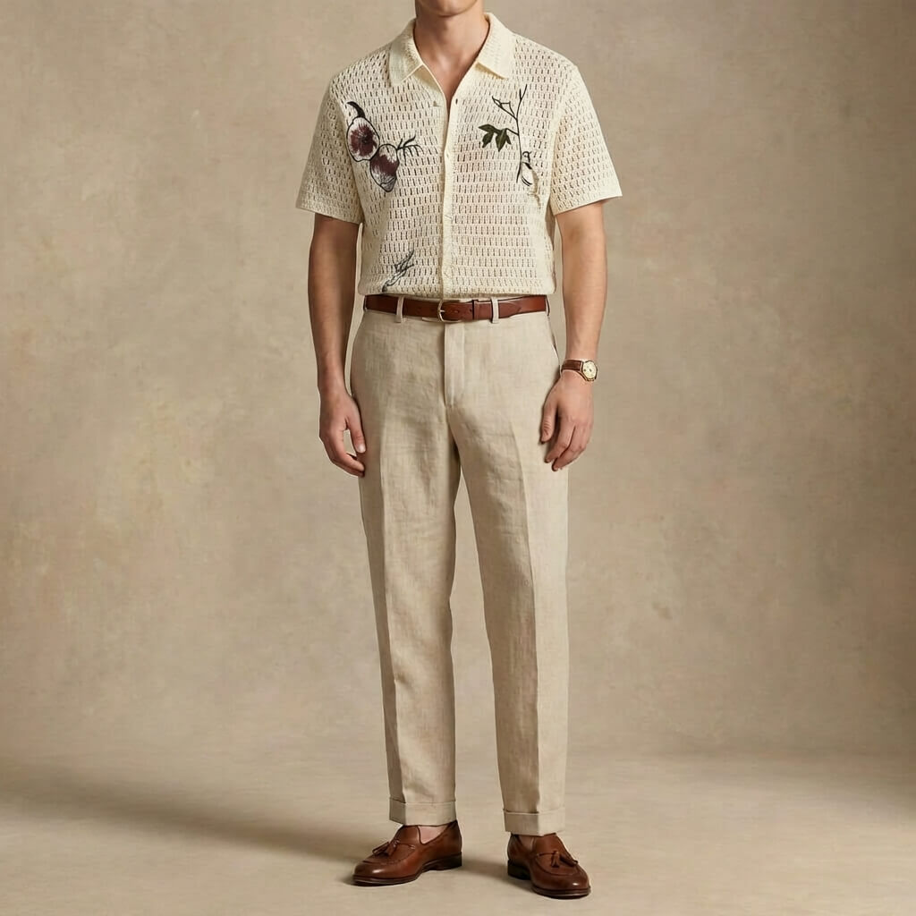 Pánské háčkované polo — květinová výšivka — dovolená outfit