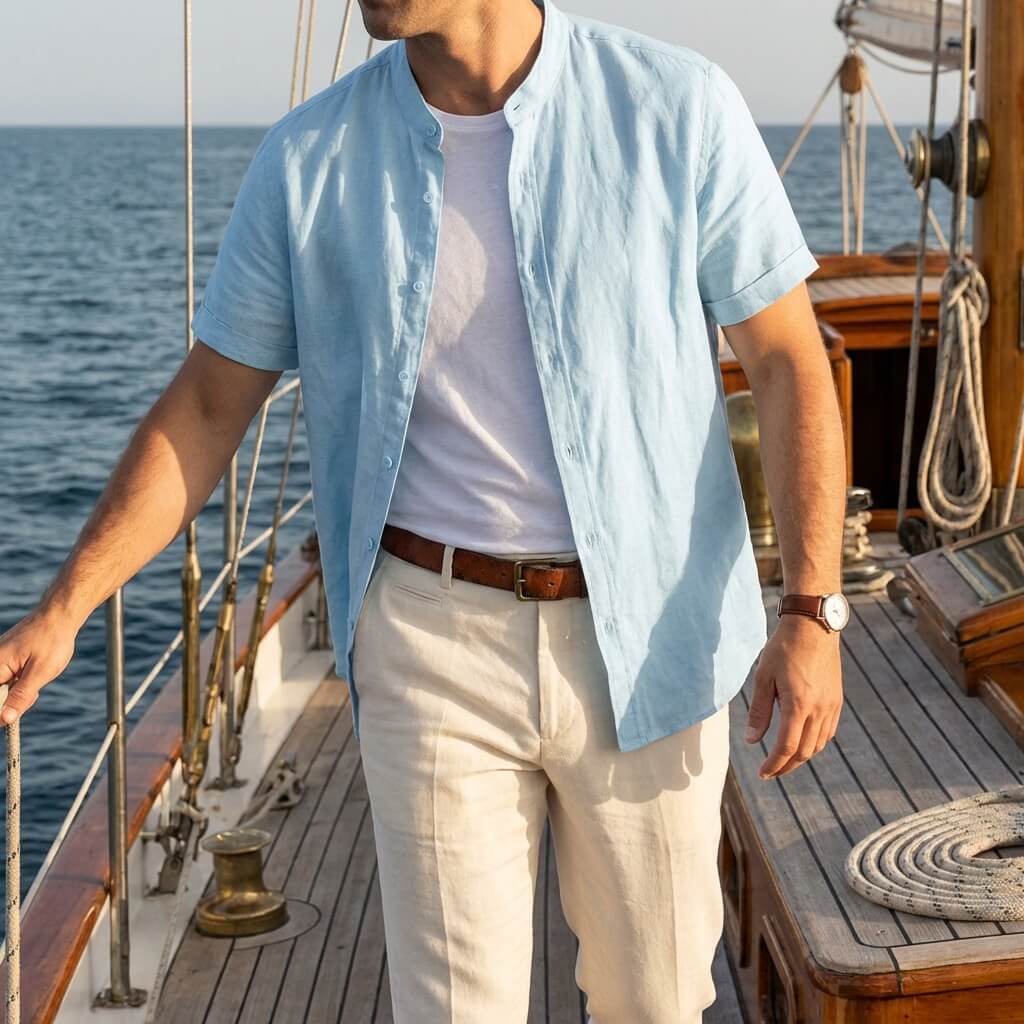 Chemise en lin homme — col officier manches courtes — tenue de plage