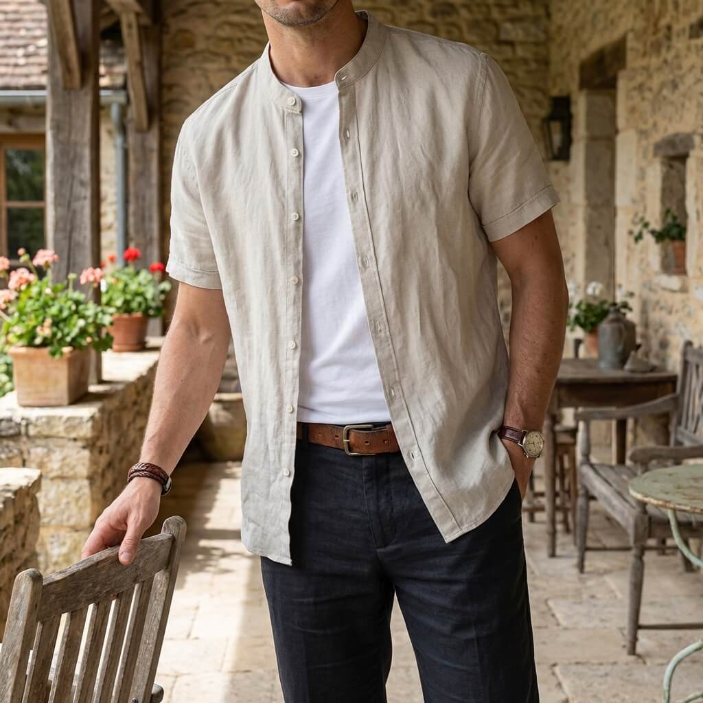 Chemise en lin homme — col officier manches courtes — tenue de plage