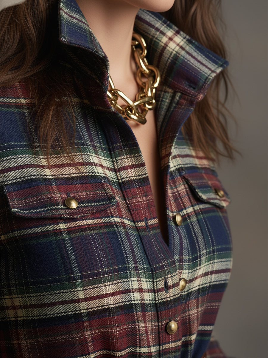 Robe Longue Chemise à Imprimé Écossais avec Manches Longues et Col Rabattu