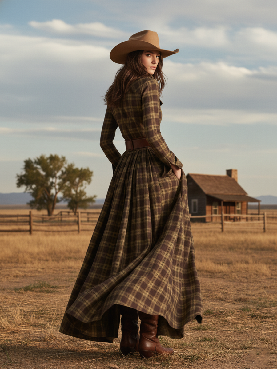 Robe Longue Chemise à Imprimé Écossais avec Manches Longues et Col Rabattu