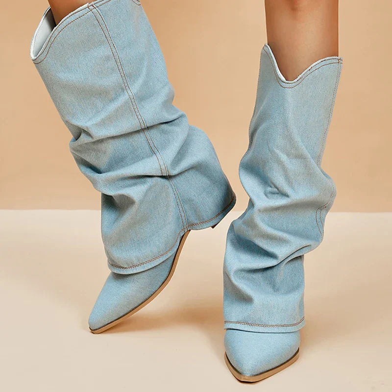 Bottes Hautes en Denim pour Femme avec Talon Bloc et Bout Pointu